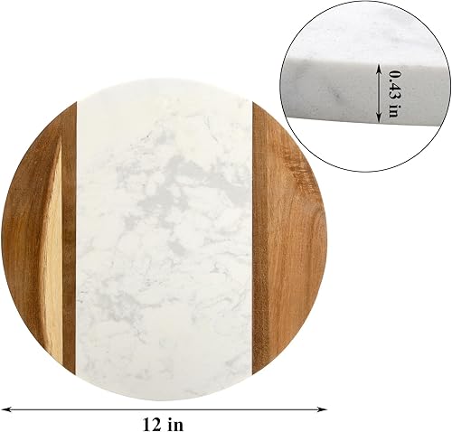 Miniatura 2 de Okllen Tabla de queso de mármol de 12 pulgadas y tabla de servir de madera de acacia, bandeja redonda de mármol hecha a mano para queso, embutidos,