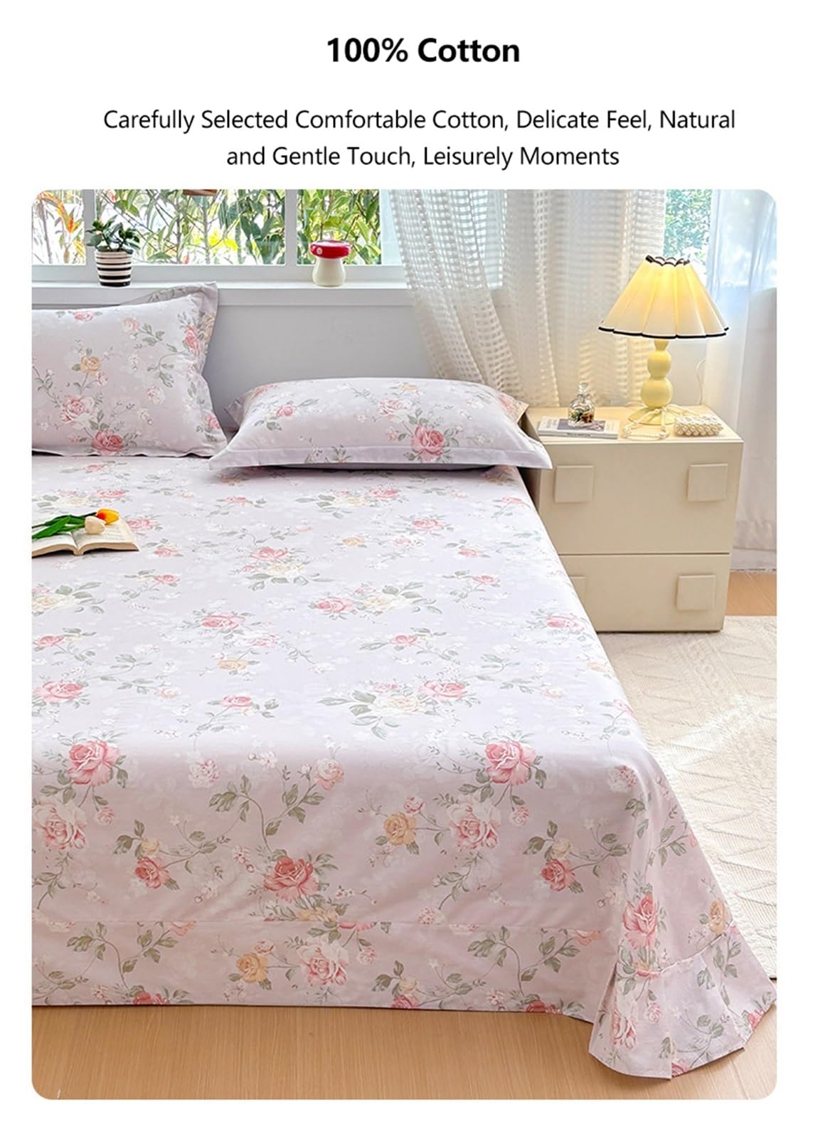 Bettlaken Ohne Gummizug Betttuch Laken 100% langstapeliger Baumwolle 160/210x230cm 245/265x245cm weiches atmungsaktives Flaches Laken(Flower N,265x245cm)