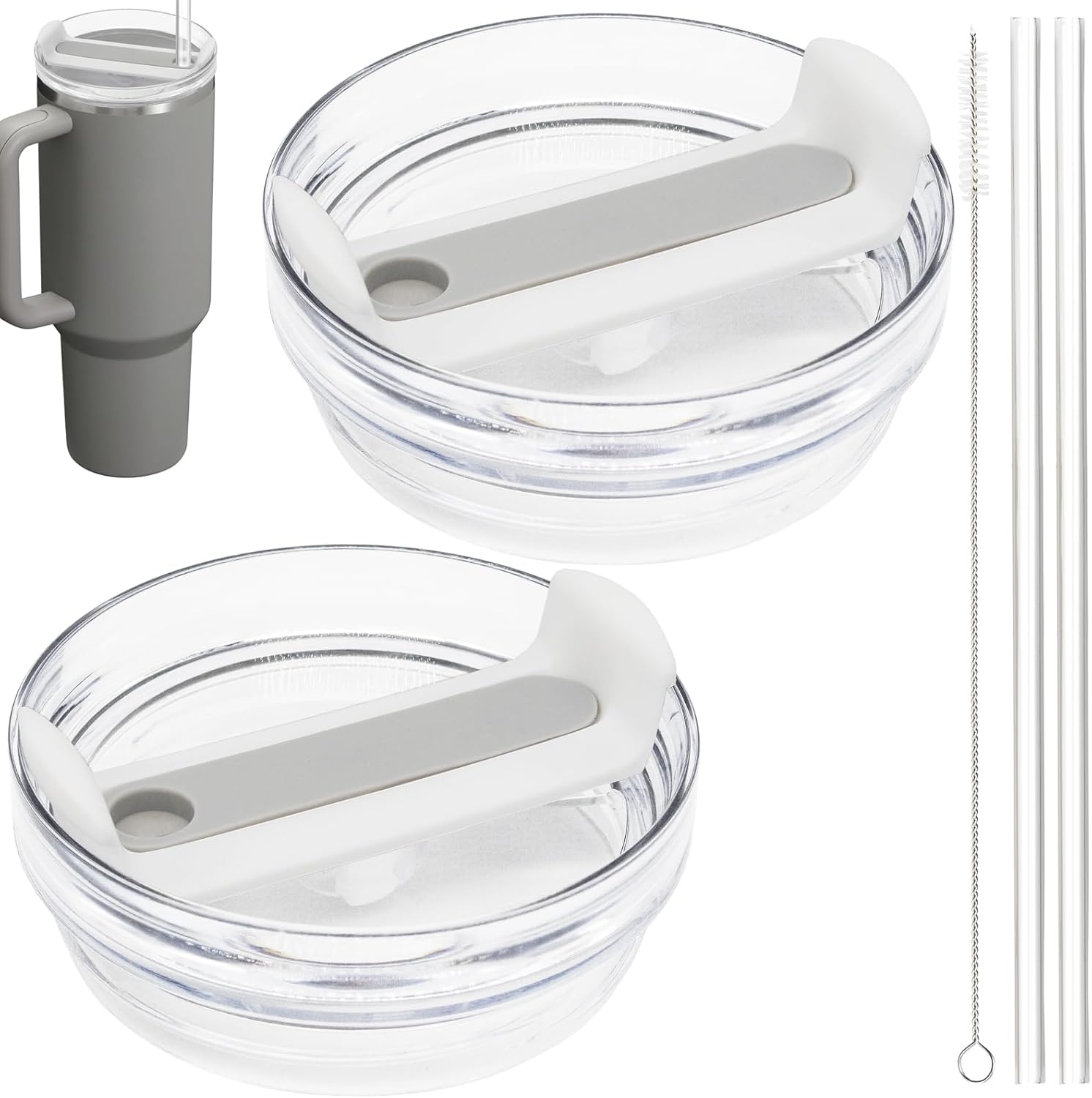 40oz Tumbler Lid Compatible for Stanley, 2 Pack Replacement Tumbler Lids Fit for Stanley Quencher 2.0 Tumbler 40 OZ, with Straws and Cleaning Brush (Grey)