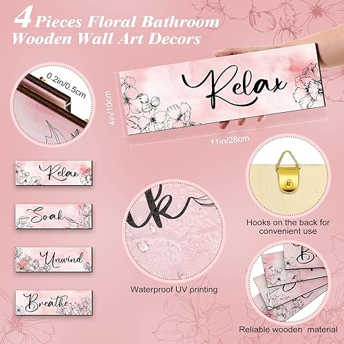 Miniatura 2 de Yookeer 4 letreros de decoración de pared rosa con diseño floral para baño, decoración de madera para colgar en pared, para dormitorio, sala de