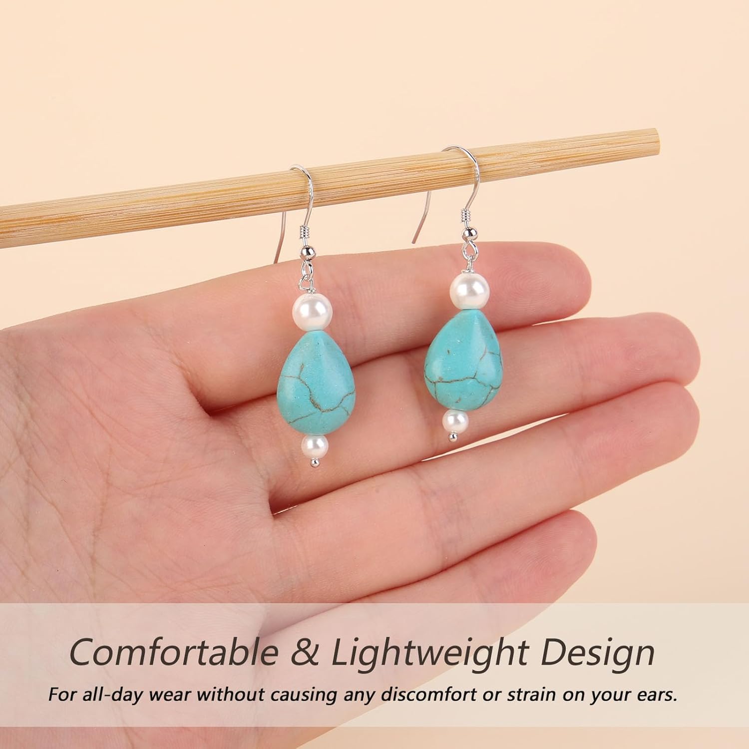 Colloca Turquoise Pearl Dangle Earrings for Women, 925 Sterling Silver Hook Teardrop Earrings, Boho Drop Earrings, Gift Box included - Image 3
