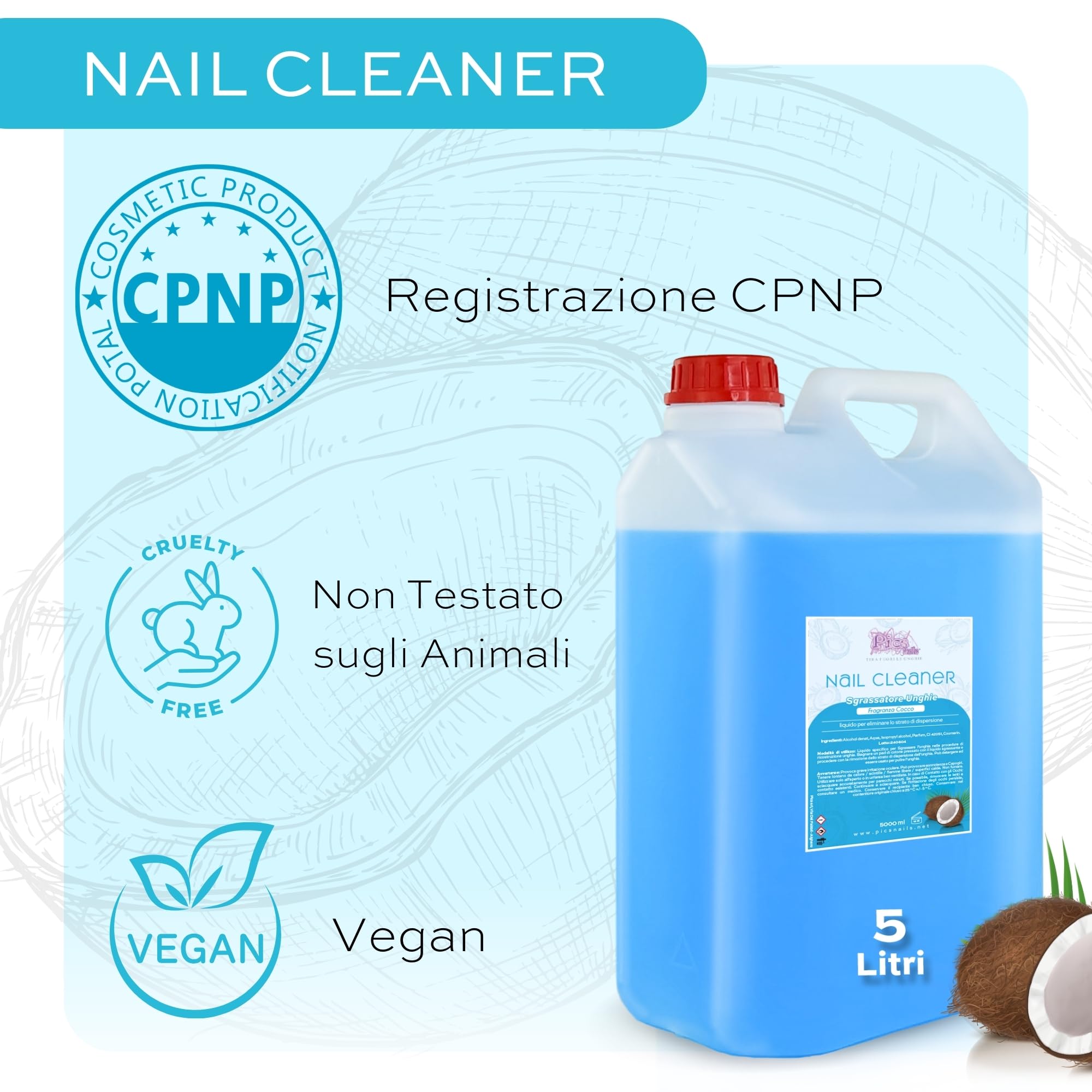 Cleaner Unghie Sgrassatore Gel 5 L. - MAXI - Nail Cleaner Sgrassante per Unghie Professionale Ideale per Pulizia Unghie e Rimozione dello Strato di Dispersione (Appiccicoso) (5 Litri, Cocco)
