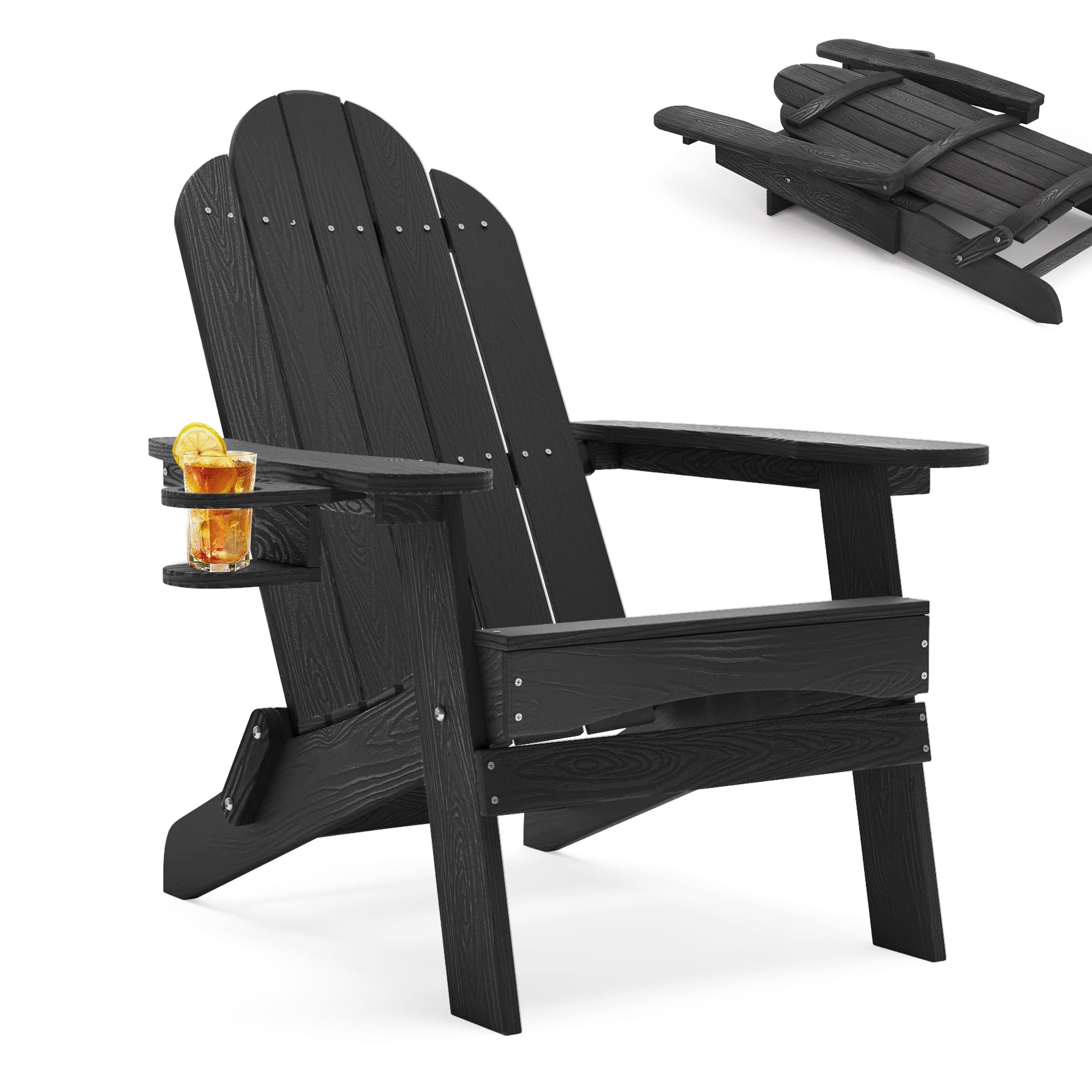 LUE BONA Chaise Adirondack Noire, Chaise de Jardin HDPS Pliable, Résistante aux Intempéries avec Porte-Gobelet, pour Jardin, Terrasse, Balcon