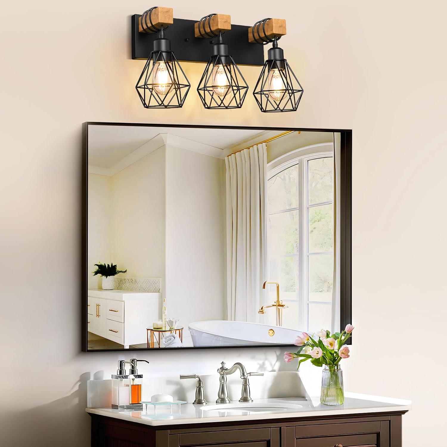 IZORRO 3-Light Farmhouse Vanity Light for Bathroom, Wood Bathroom Light Fixtures Over Mirror, Industrial Black Vanity Light with Metal Lampshade