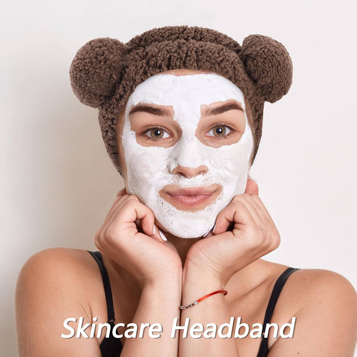 VELSCRUN Spa Headband, Makeup Face Wash Skincare Headbands, 5 Pcs Sponge Get Ready Bear Ears Hairband Facial Wristband Hair Clip Set, Stuff for Teen Girls Women Trendy Hair Accessories Dark Brown - Image 4
