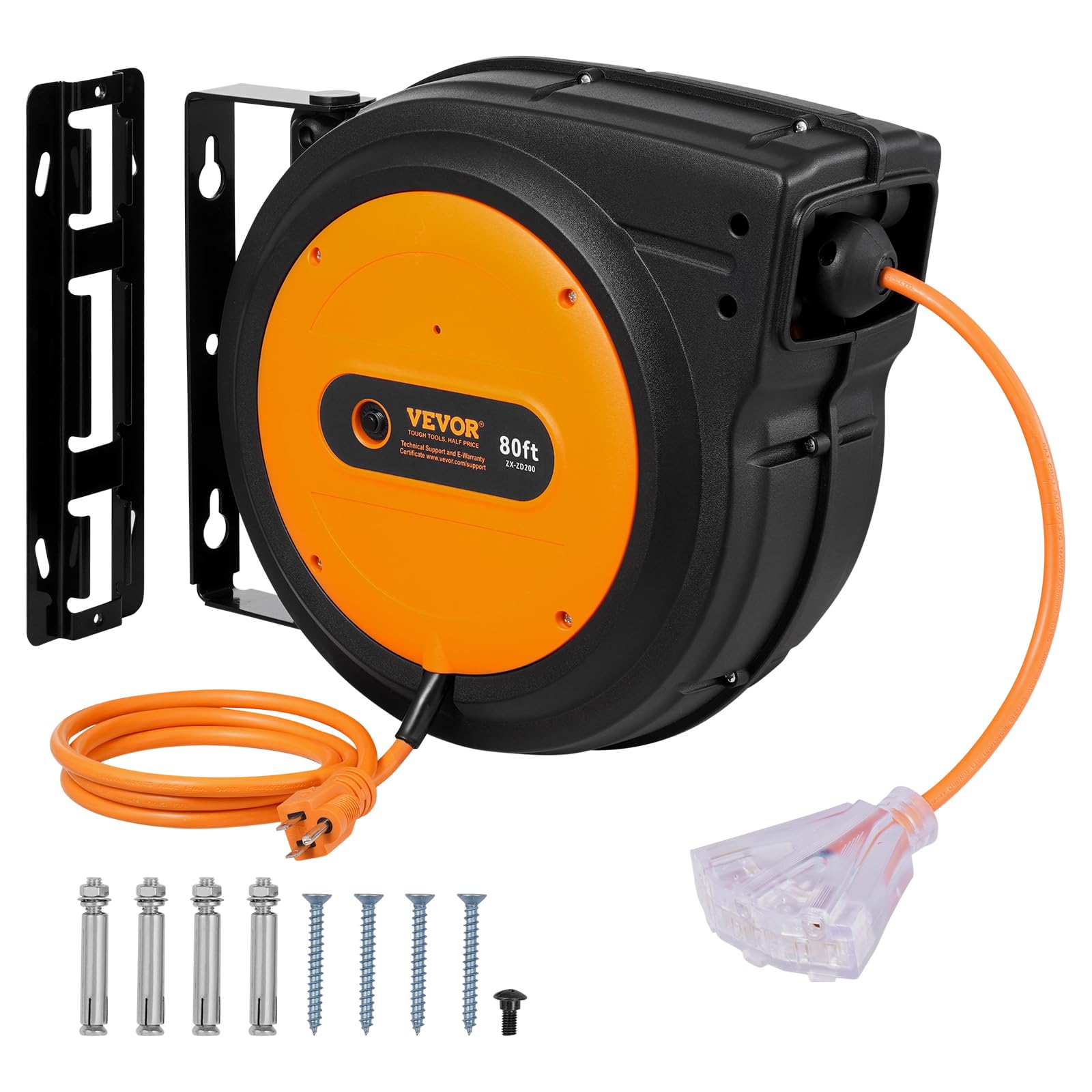 VEVOR Retractable Extension Cord Reel, 80 FT, Heavy Duty 12AWG/3C SJTOW Retractable Power Cord with Lighted Triple Tap Outlet, 15 Amp Circuit Breaker 180° Swivel Bracket for Ceiling or Wall Mount