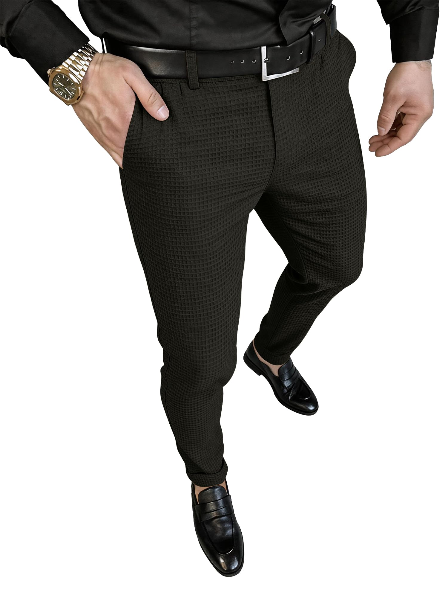 JEMLDL Mens Waffle Slim Fit Dress Pants Lightweight Breathable Casual Pants Skinny Slacks with Expandable Waist