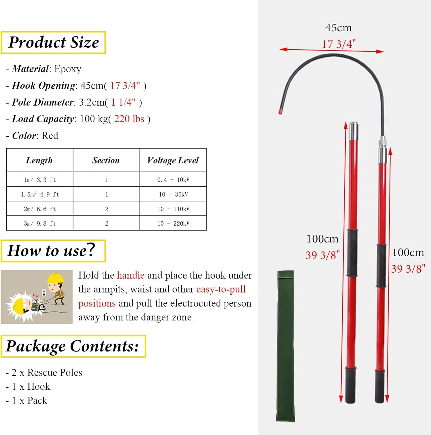 Electrical Safety Rescue Hook - Emergency Life-Saving Tool, Insulated Splicing Hook for Electrical Work, Red 2m/6.6ft, Essential Safety & Defense Equipment