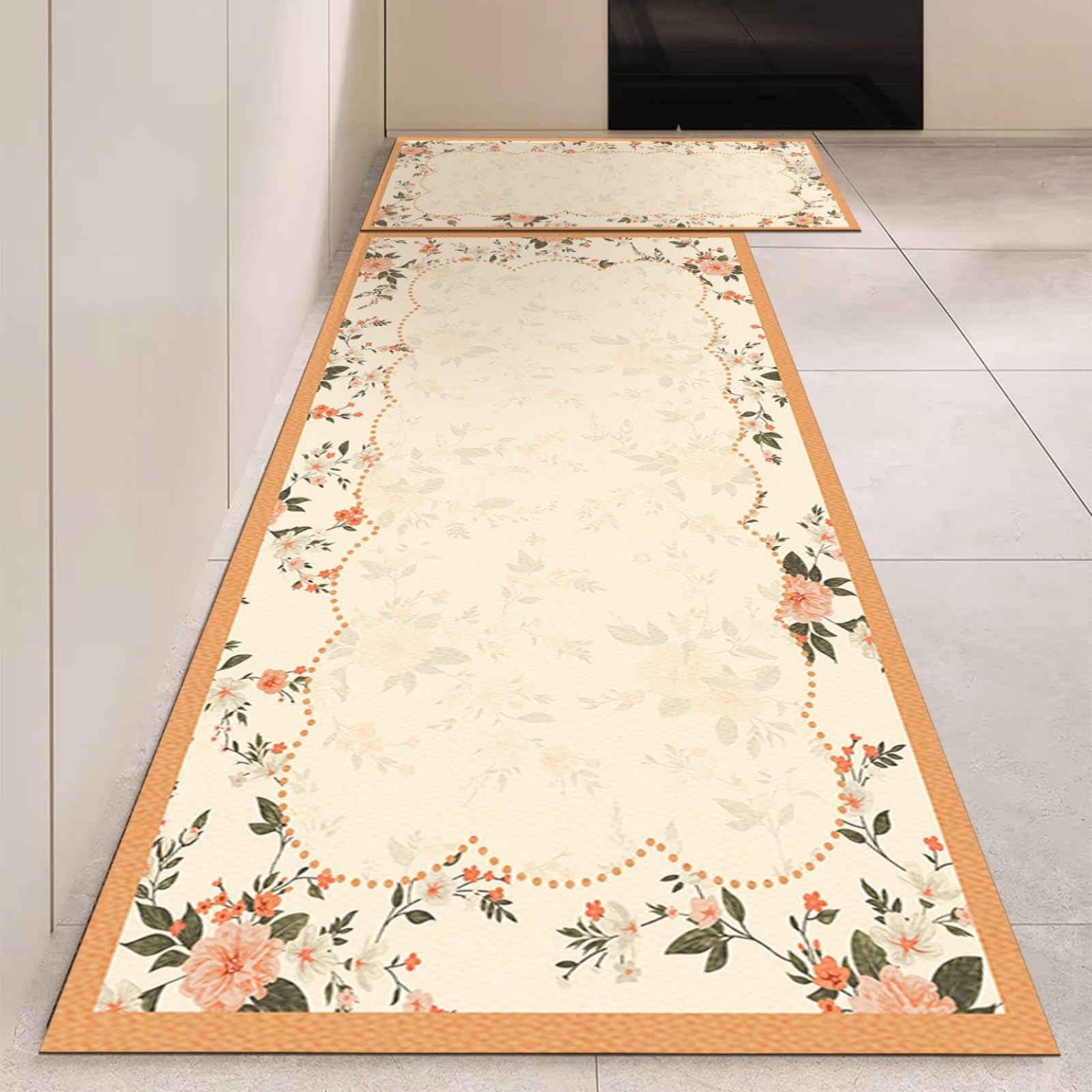 Tappeto Cucina 40X60Cm+40X120Cm Fiori Arancioni Tappeto Cucina Antiscivolo Lavabile Set Di 2 Pezzi,Tappetino Multiuso In Pelle,Comodità E Resistente,Per Ingresso,Camera,Bagno