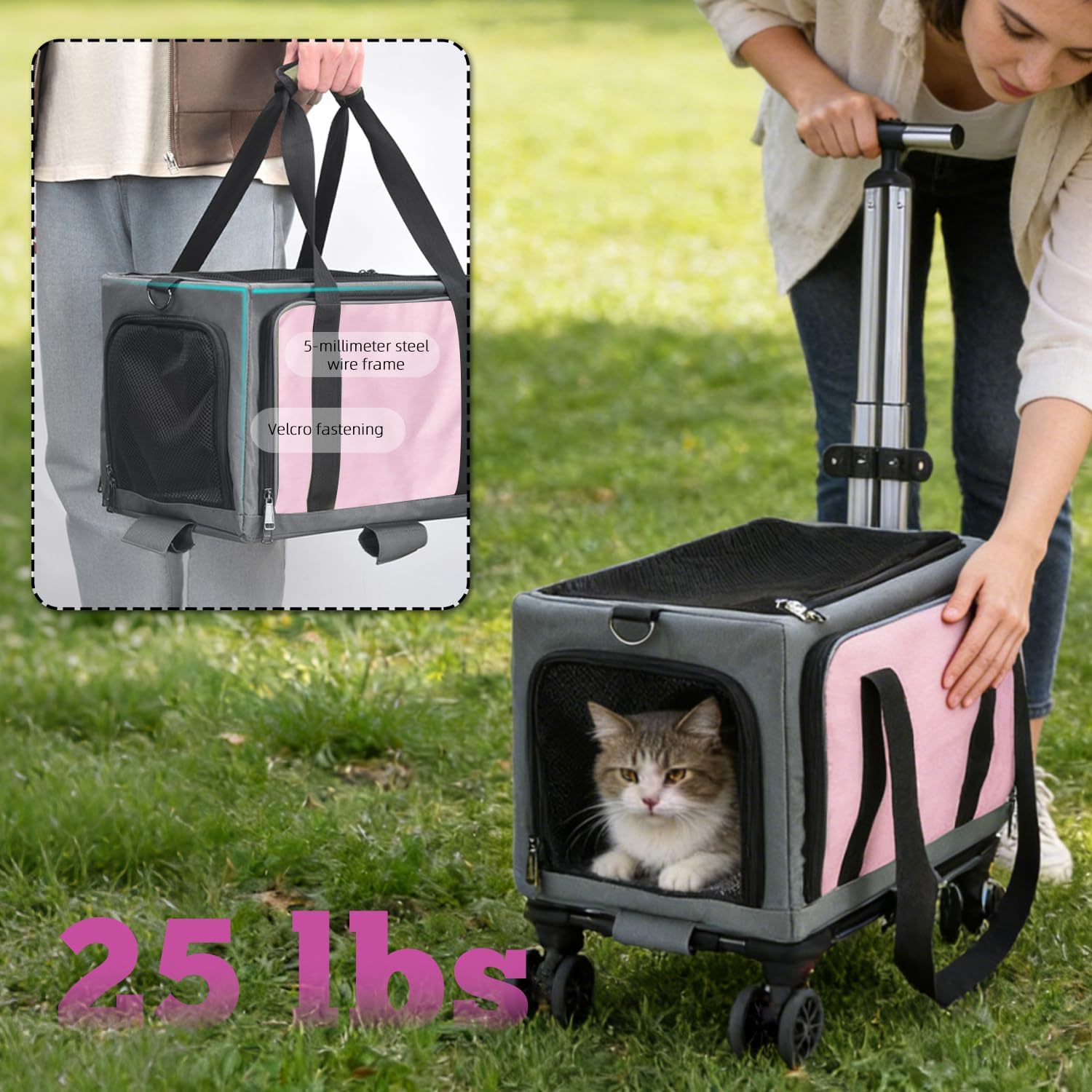 Pet Carrier Airline Approved, Expandable Large Dog Cat Carrier with Wheels, Upgraded Wheels Airline-Approved Cat & Dog Travel Carrier, Rolling Pet Carrier with Removable Pole Platform, Carnation Pink
