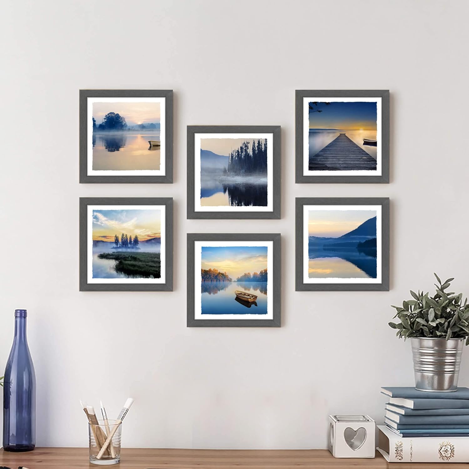 Framed Lake Landscape Wall Art: 6 Pieces Mountain Scenery Photos Prints Frames Nature Forest Painting Modern Various Stunning View Artwork Relaxing Sunset Picture for Bedroom Office