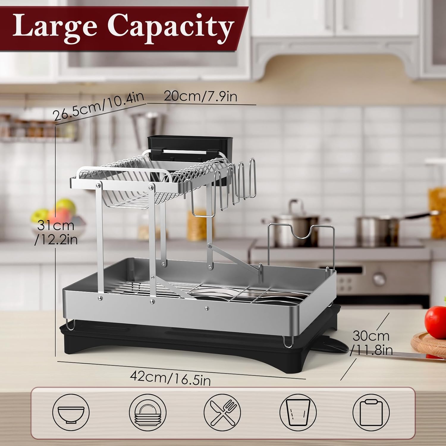 Dish Drying Rack, 2 Tier Foldable Stainless Steel Dish Racks for Kitchen Counter, Multifunctional Large Dish Drainer with Rotatable Spout, Utensil Holder and Mug Holder, Silver Black