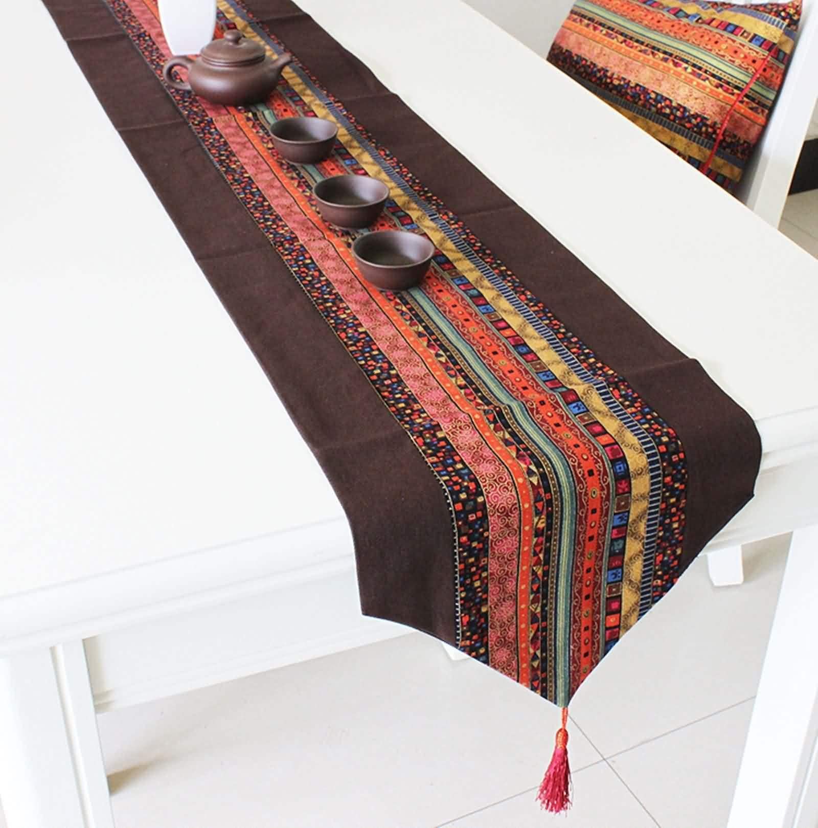 Table Runner Wedding, Tischläufer Braun Rot 32x180CM Vintage-Muster Bettwäsche Baumwolle Tischdeko Wohnzimmer Küche Geburtstage