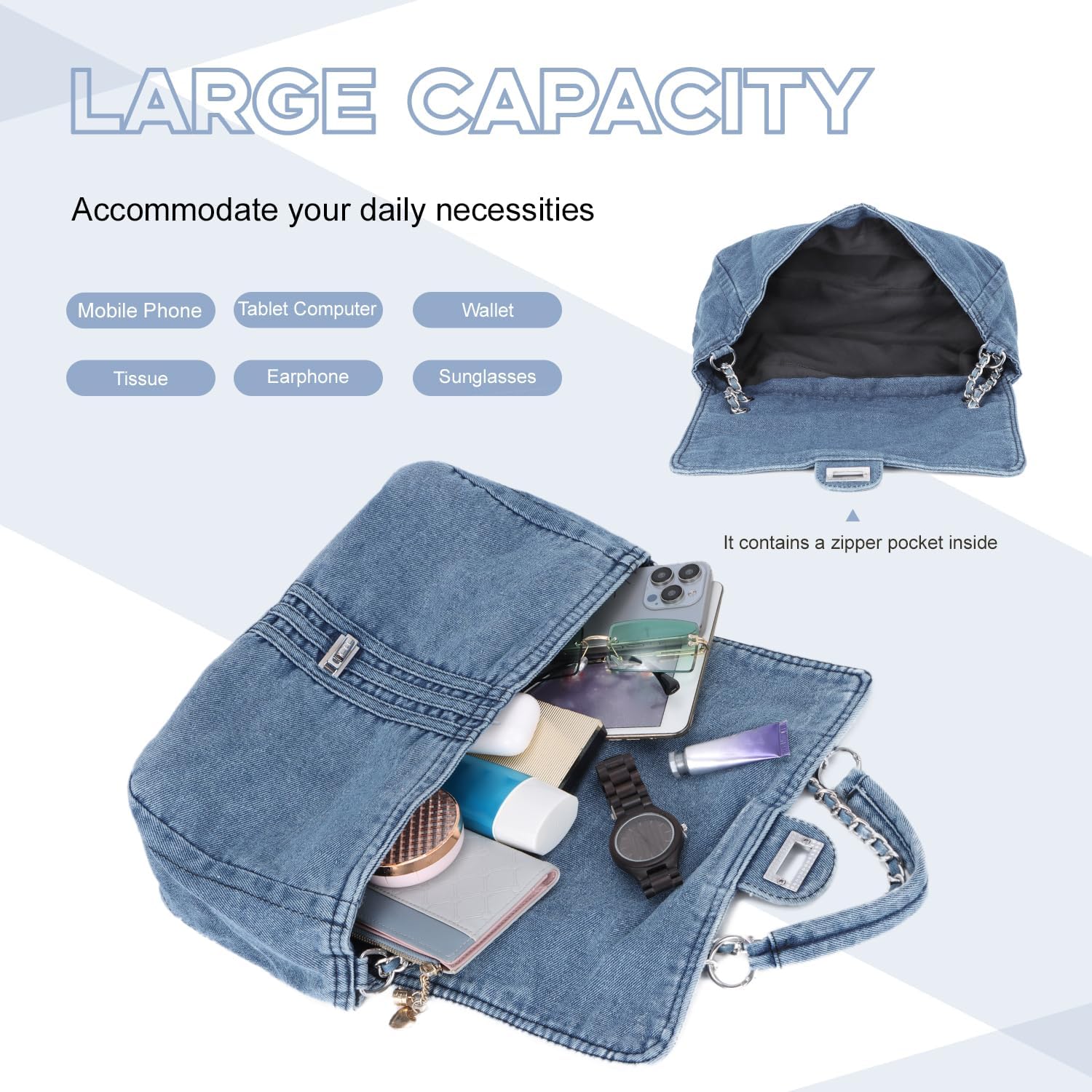 Denim Purse for Women Denim Hobo Bag Casual Jean Crossbody Shoulder Handbag