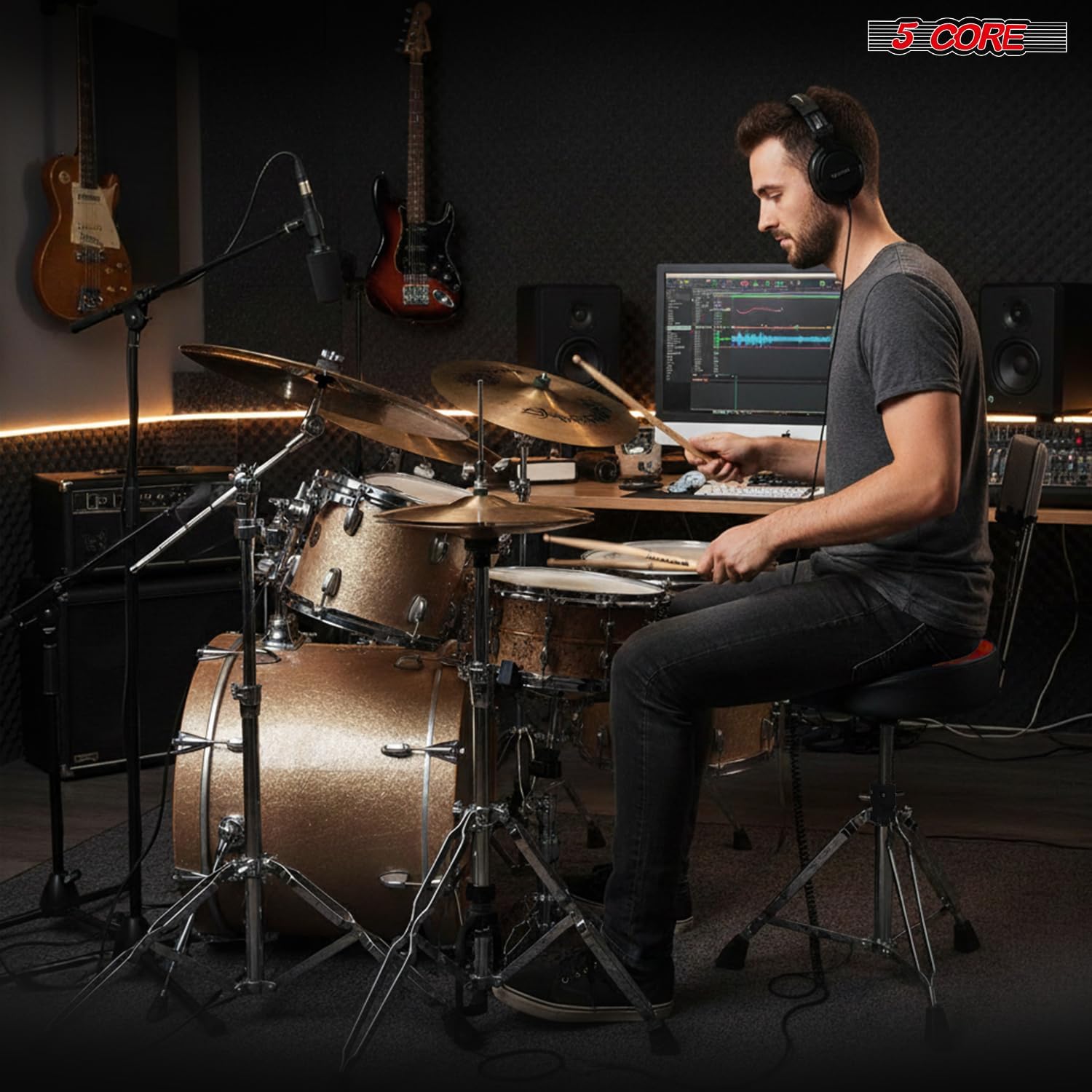 5 CORE Drum Throne w Backrest 4" Padded Stool Swivel Adjustable 26.5" Drummer Chair w Ergonomic Motorcycle Seat Velvet Top Heavy Duty 441Lb Capacity for Adults & Kids - DS VEL Rest SWL (Red)