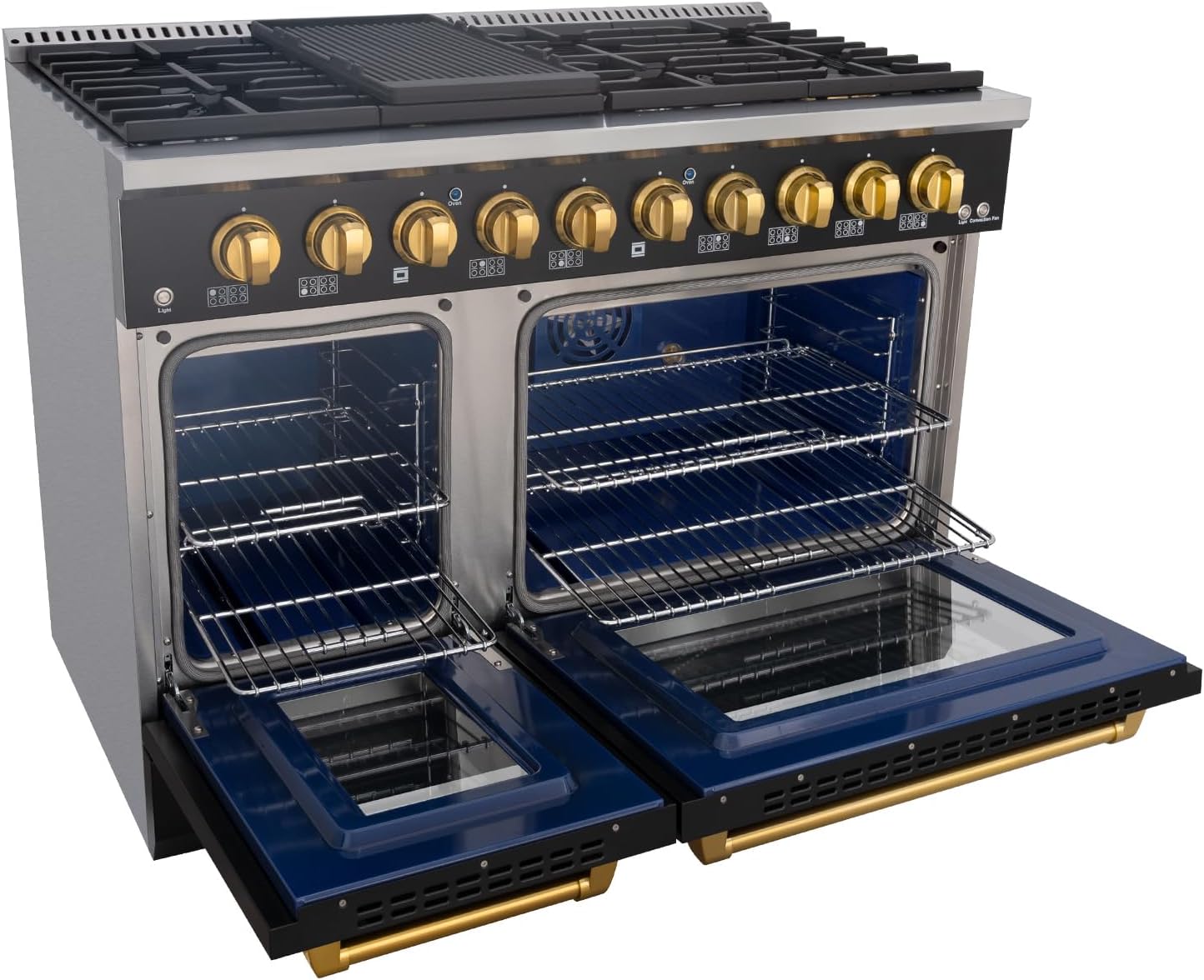 Akicon 48" Slide-in Freestanding Professional Style Gas Range with 6.7 Cu. Ft. Oven, 8 Burners, Convection Fan, Cast Iron Grates, & Blue Porcelain Oven Interior, In Black with Gold