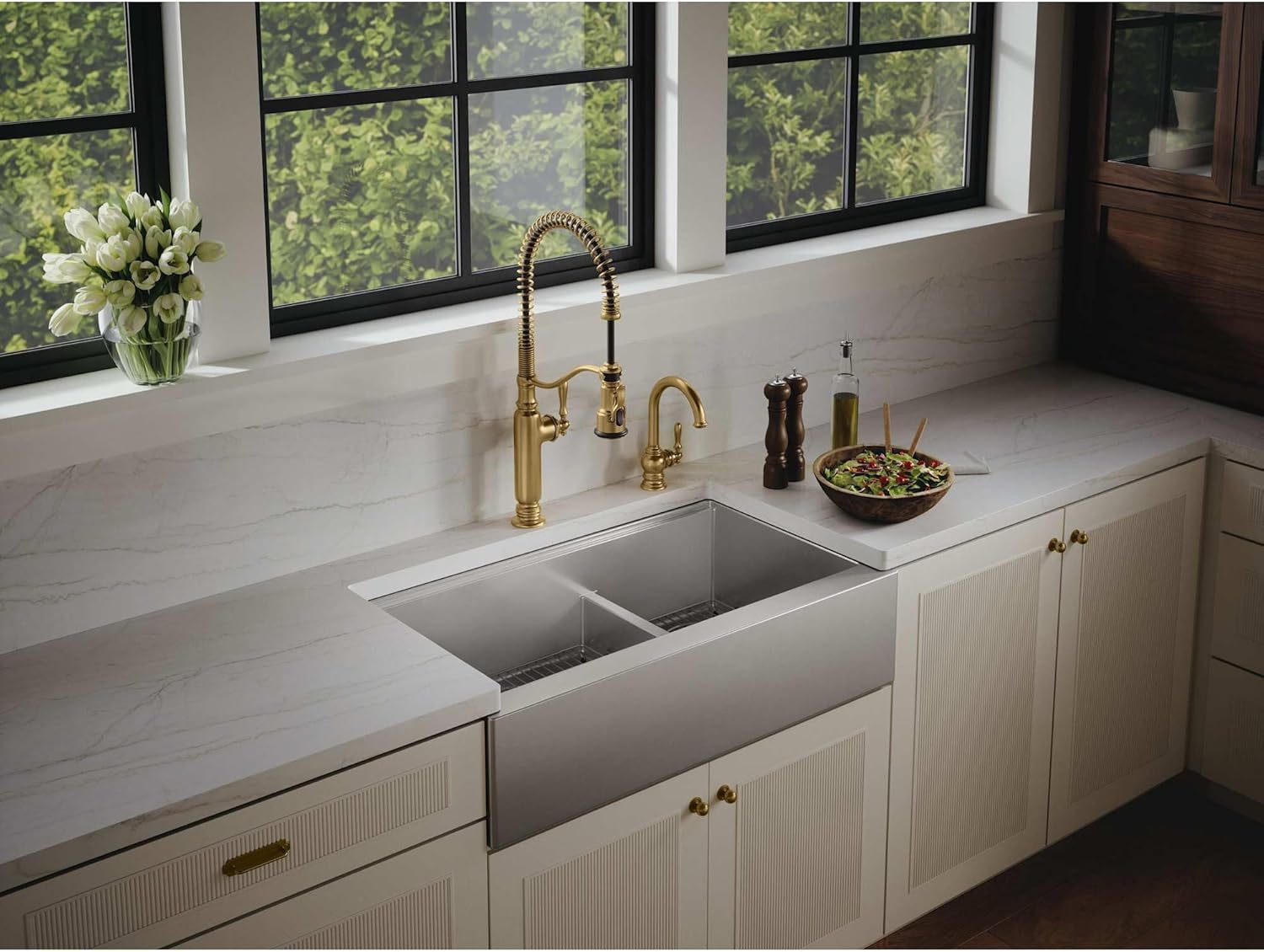 Kohler 33658-PC-NA Strive® Smart Divide® 35-1/2” undermount double-bowl farmhouse workstation kitchen sink, Stainless Steel