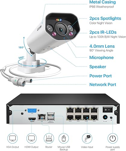 Miniatura 8 de ZOSI Sistema de cámara de seguridad PoE con foco 4K de 8 canales, 8 cámaras IP para interiores y exteriores de 8 MP4K, detección de