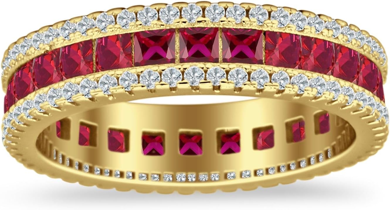 OMRANII Minimalist 4.8mm Three Row Full Eternity Band Round & Princess Cut Cubic Zirconia Rings Classic Style Statement Wedding Bands For Women 925 Sterling Silver Gift For Her