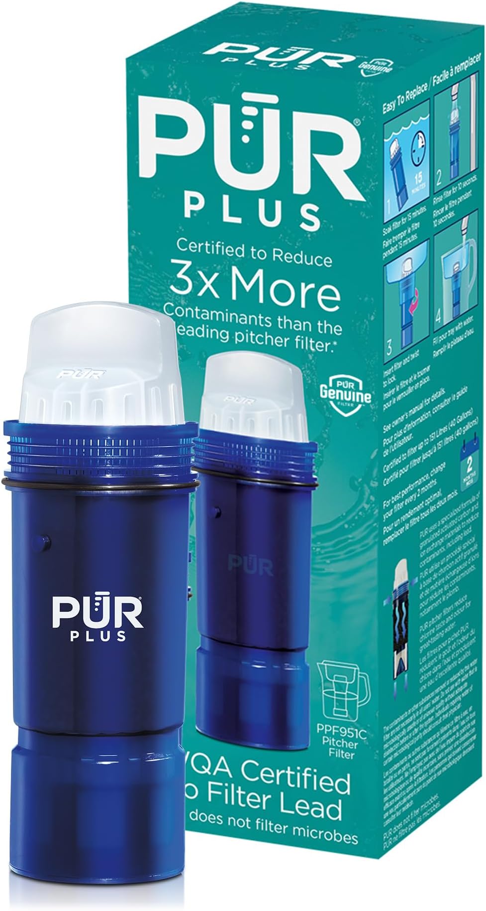 Plus Lead Reducing Water Pitcher and Dispenser Replacement Filter, 1-Pack, NSF & WQA Certified - Compatible with All PUR Pitchers and Dispensers, Blue, PPF951K1