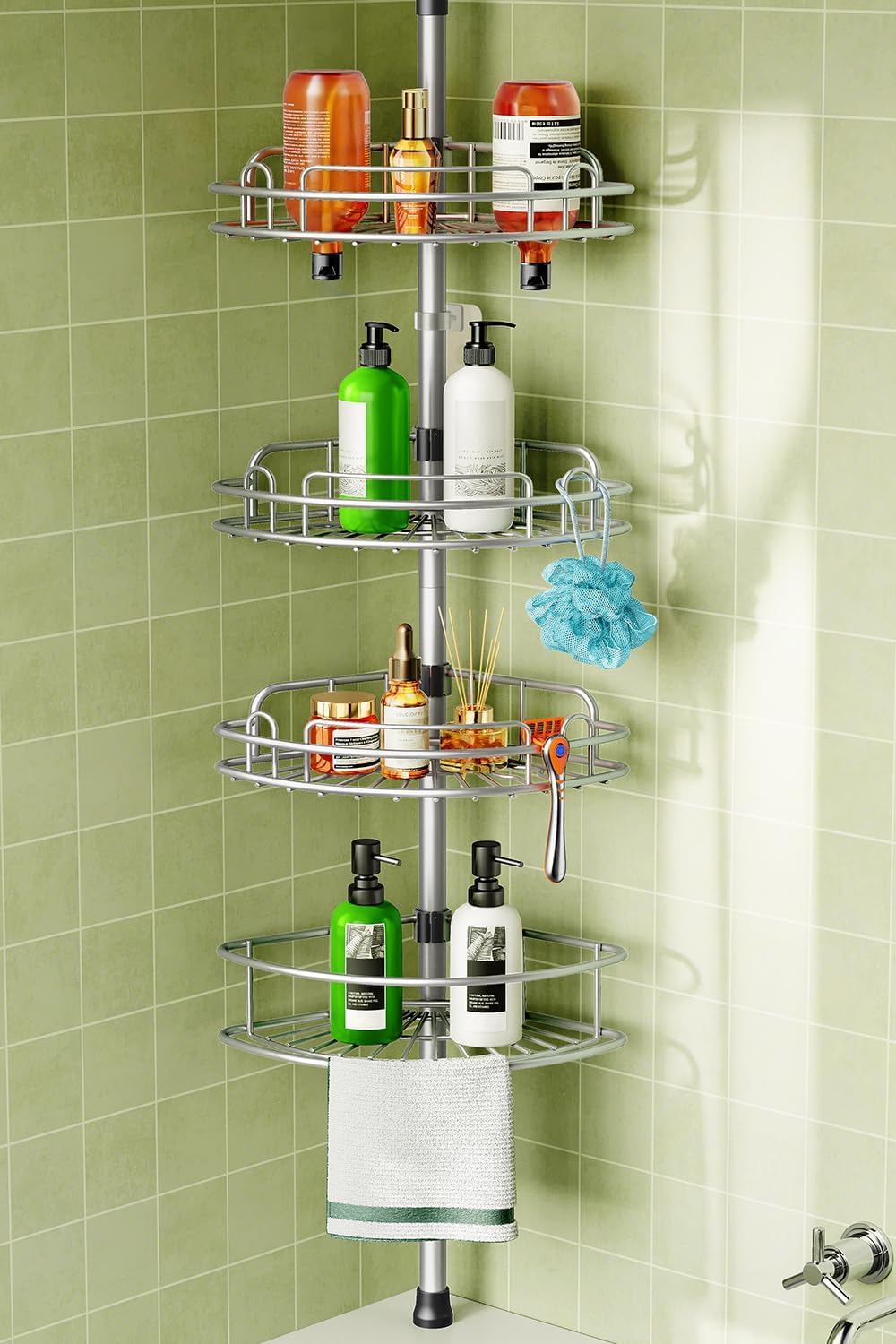 HAMITOR Telescopic Shower Caddy Corner Storage: No-Drill Stainless Steel Bathroom Shelves Organizer, 4-tier Large Capacity Adjustable Shelf with Tension Rod for Home Renters Apartment - Silver Gray