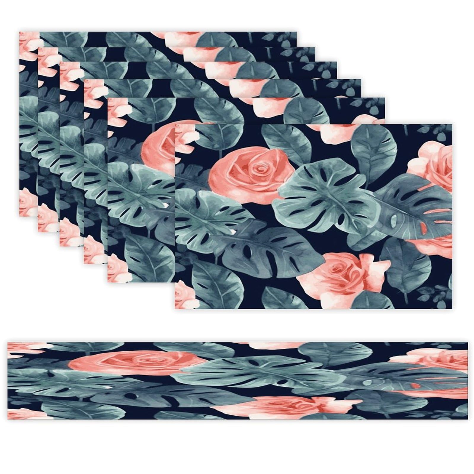 Watercolor Monstera Pattern Table Runner and Placemats Set of 6 Wipe Clean Heat Resistant Table Mat with Table Runner Decorations Flax Linen Place Mat Set for Home Kitchen Party Supplies