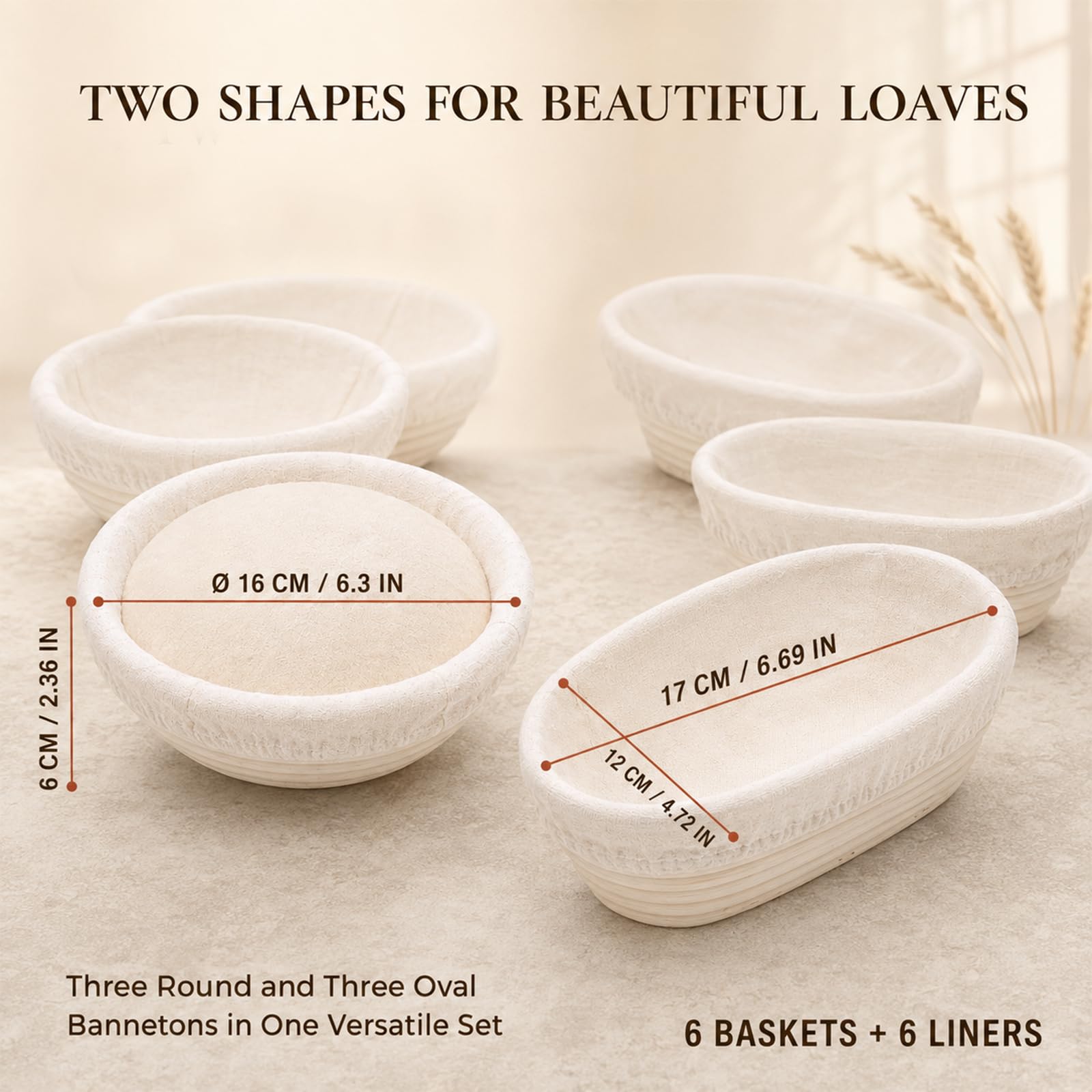 Banneton Pan - Juego de 6 Banetones para Pan de Ratán Natural