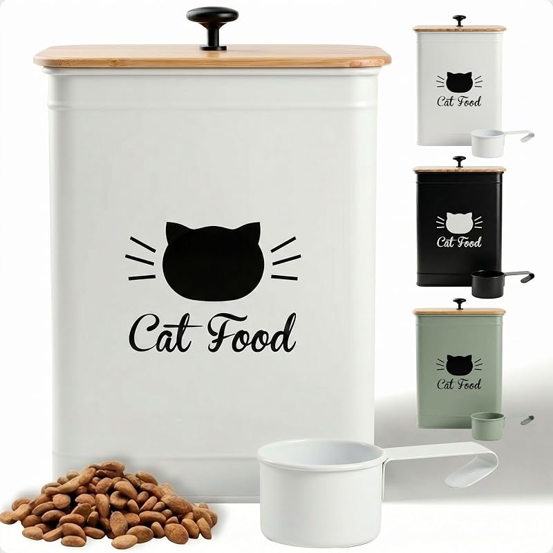 Recipiente para Armazenar Ração de Gatos em Metal com Tampa de Bambu e Colher HB Design Co. Branco – 25 xícaras