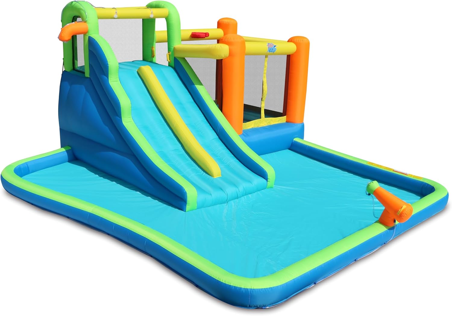 Action Air Water Slide, 7-in-1 Inflatable Bounce House with Large Pool, Extra Bouncing Area with Basketball Hoop, Large Bouncy Area 64x62 inch, Double Slide with Water Spray for More Fun
