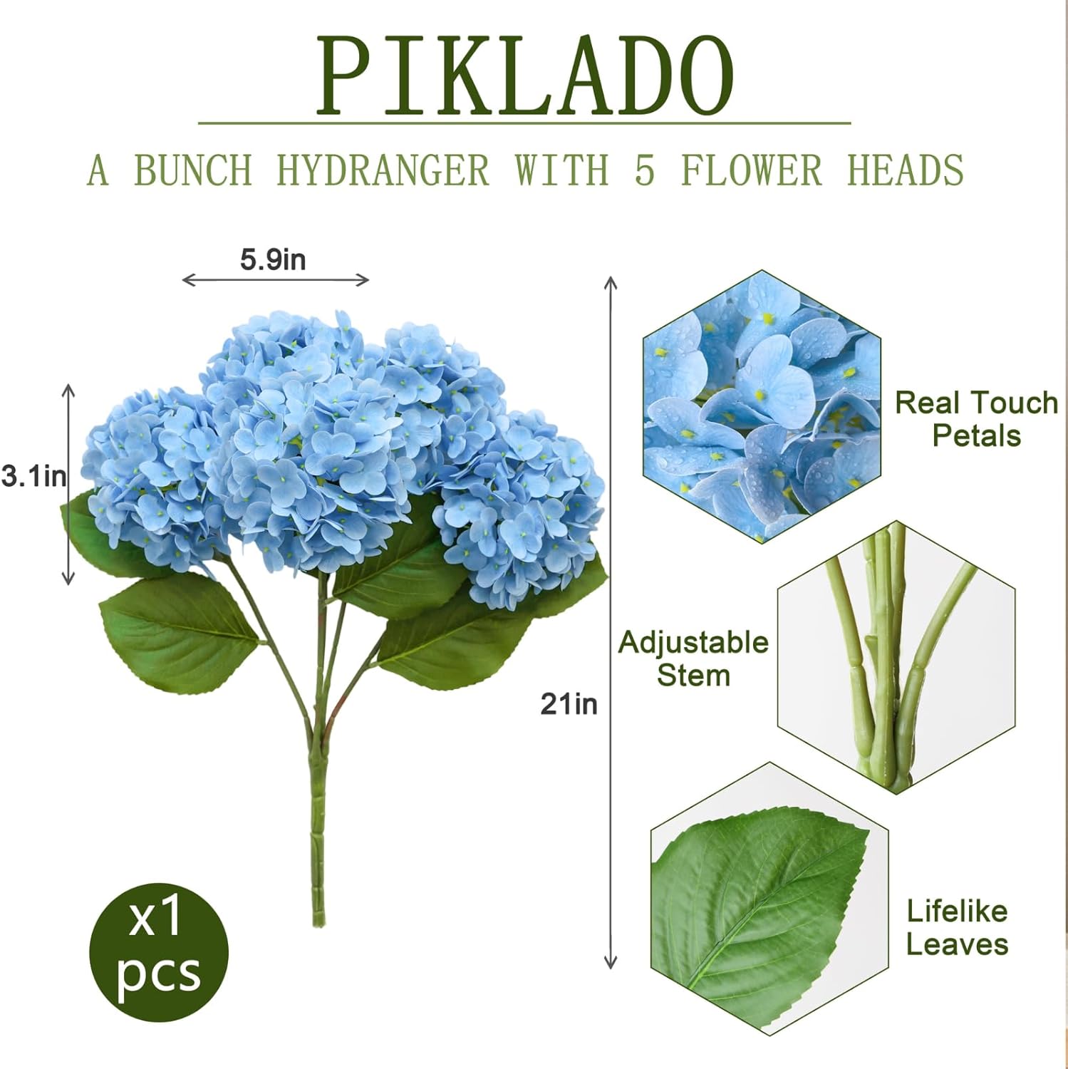 A Bunch 21in, Real Touch Hydrangea Artificial Flowers, with 5pcs Flower Head 10pcs Leaves, Faux Hydrangea Flowers for Home Office Decor Wedding Party Arrangements (1, Blue) - Image 4
