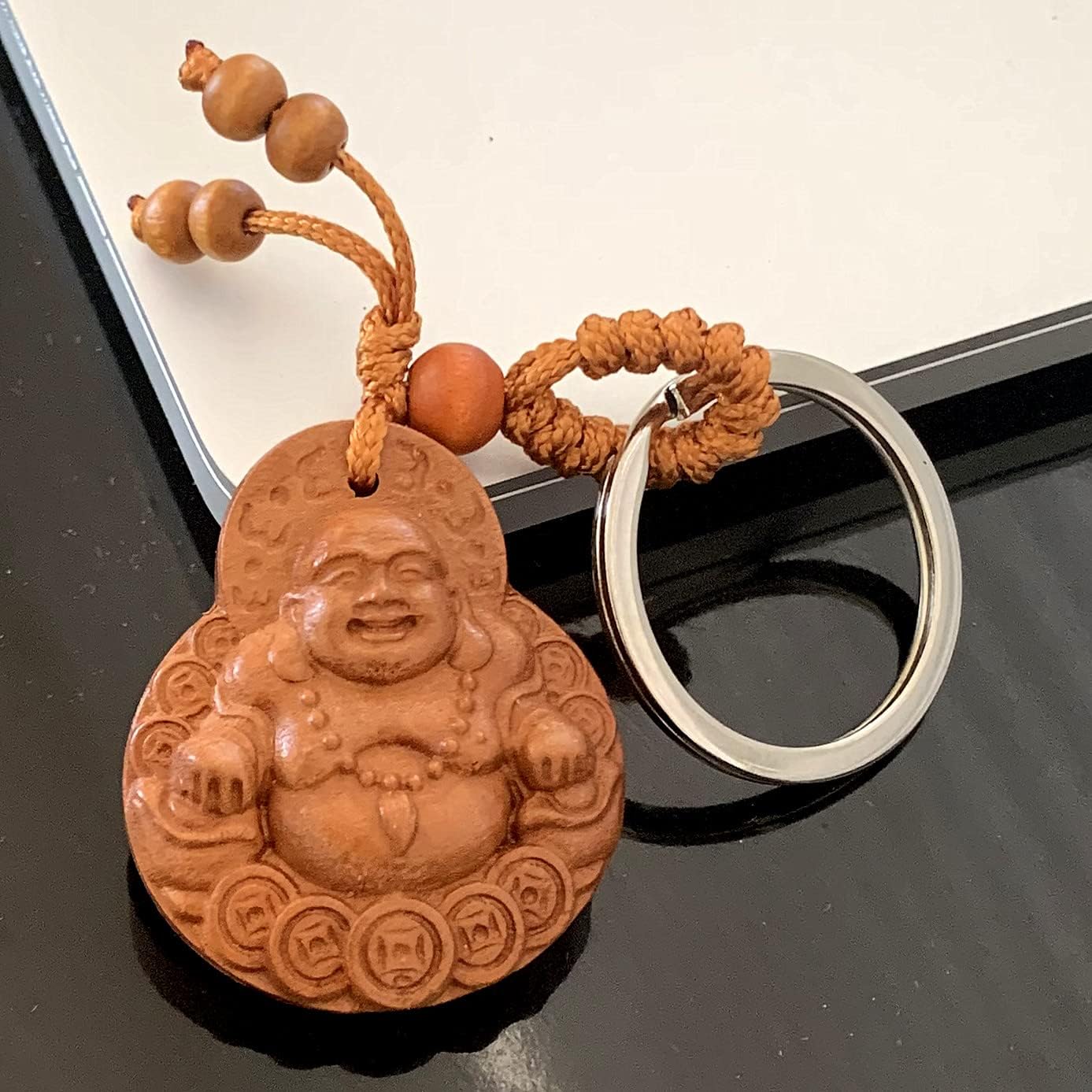 Betterdecor Feng Shui Peach Wood Money Happy Laughing Buddha Key Ring Amulet for Wealth Luck image 3