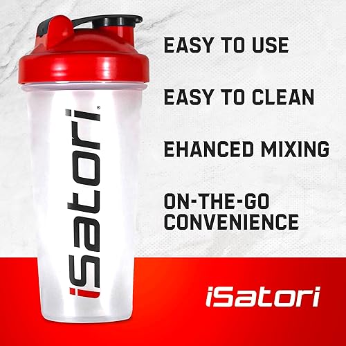 Miniatura 3 de iSatori Clásico que incluye bola de mezcla de alambre de acero inoxidable, 28 onzas (botella transparente con parte superior roja)