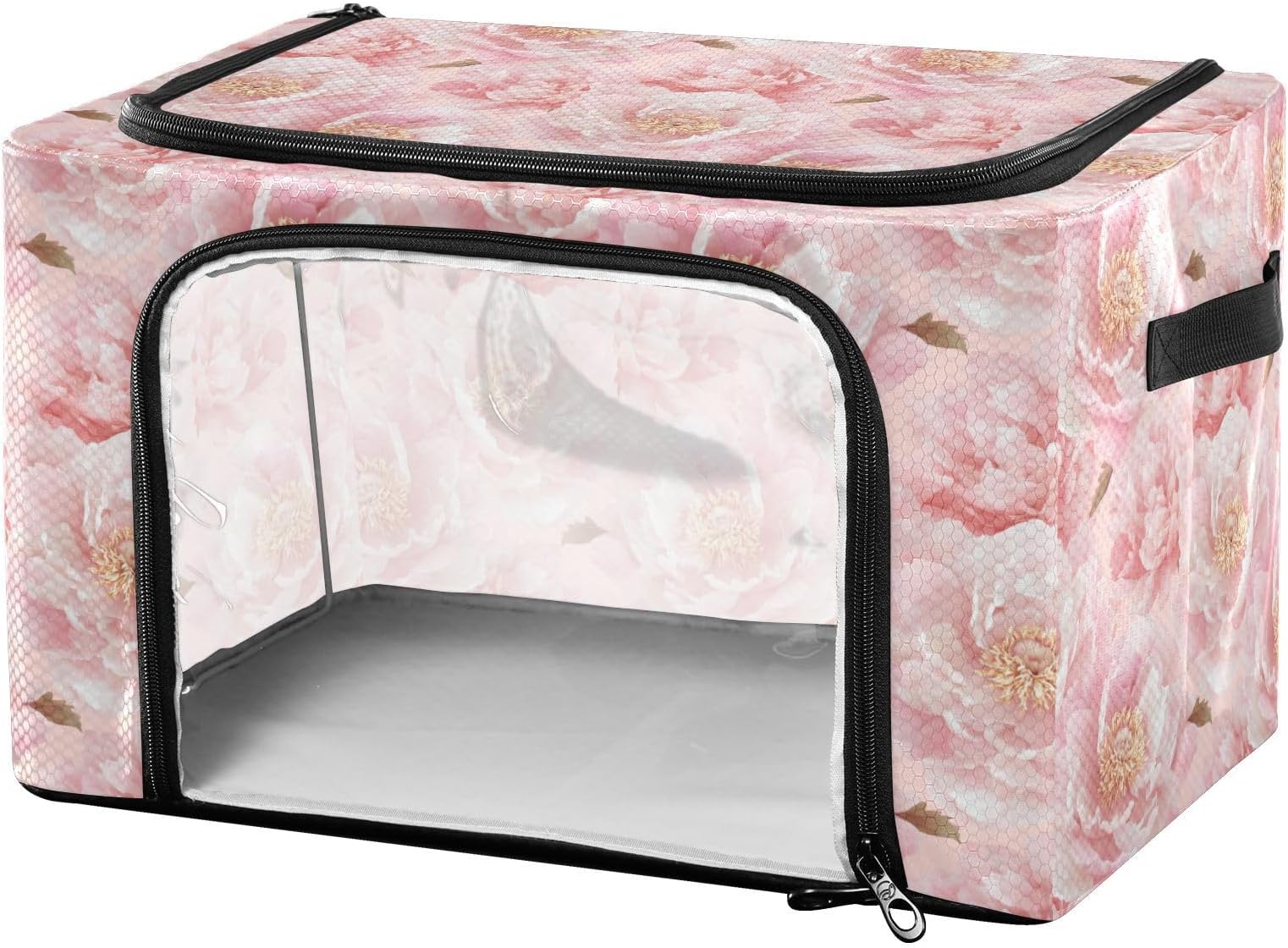 Cute Pink Peonies Underbed Storage Clear Window Collapsible Storage Bins with Lids for Clothes 2 Openings Bags for Closet Metal