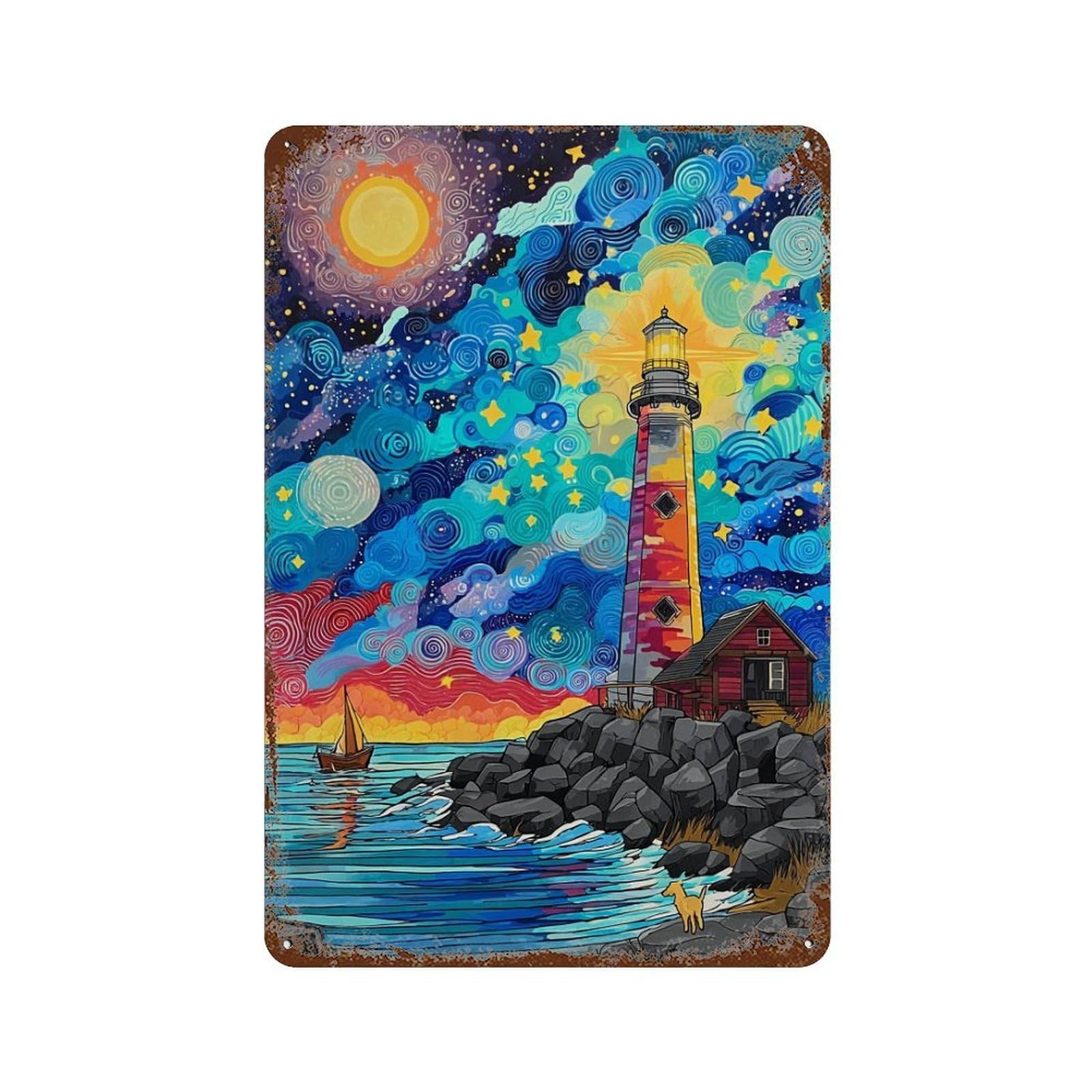 Whimsical Lighthouse Coastal Scene Rusty Metal Tin Sign 11.8"x7.9", for Farmhouse, Kitchen And Entryway Decor, Rustic Home Decor
