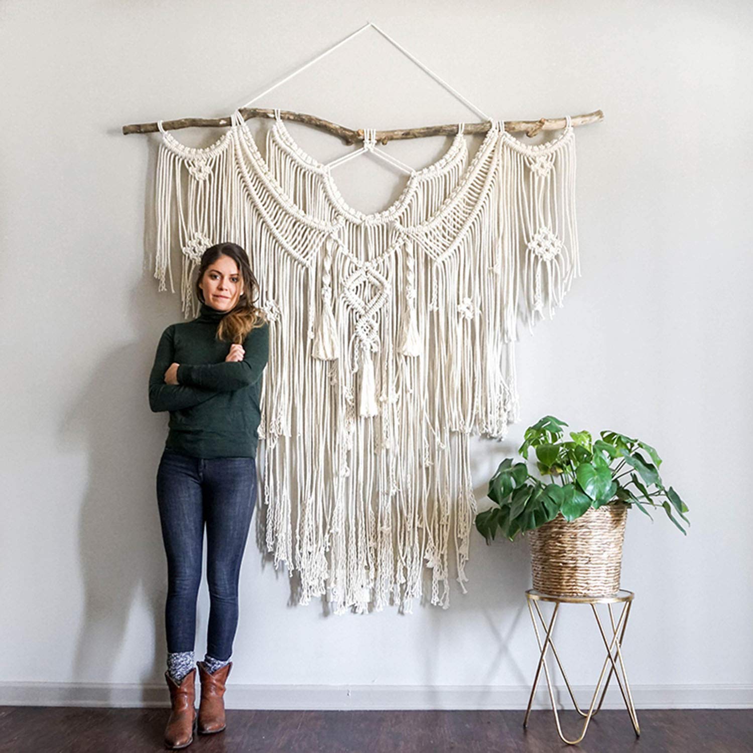 Colgante de Pared de macramé Grande,Tapiz de Pared de macramé Estilo Boho,Tapicería de Borla Hecha a Mano Algodón Natural Tejido Decoración de Pared Decoración,Beige-145x160cm