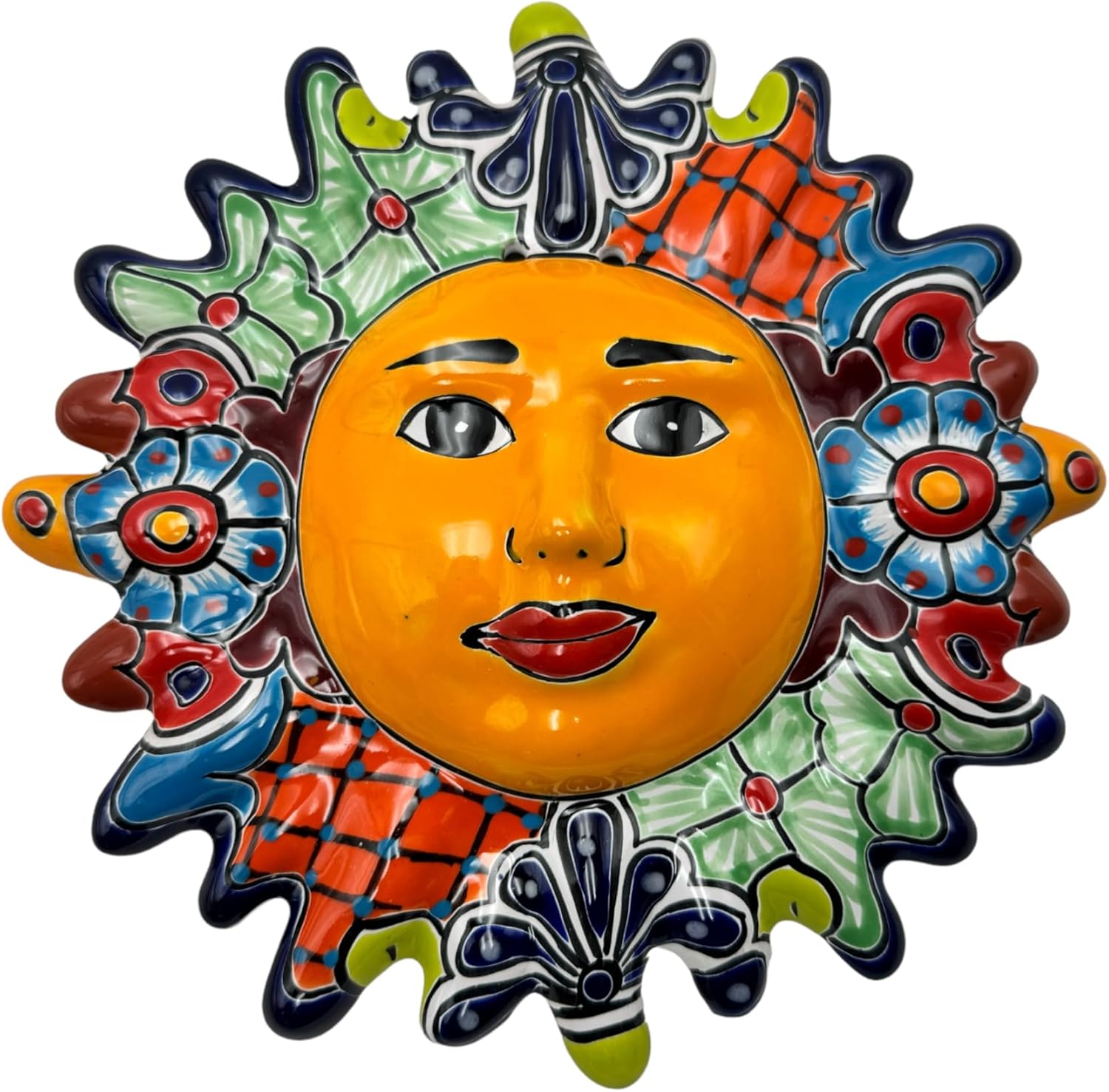 Talavera Sun Face Folk Art Multicolor Mexican Pottery Home Decor Hand Painted Handmade Indoor Outdoor Diameter 12 (Multi 10)