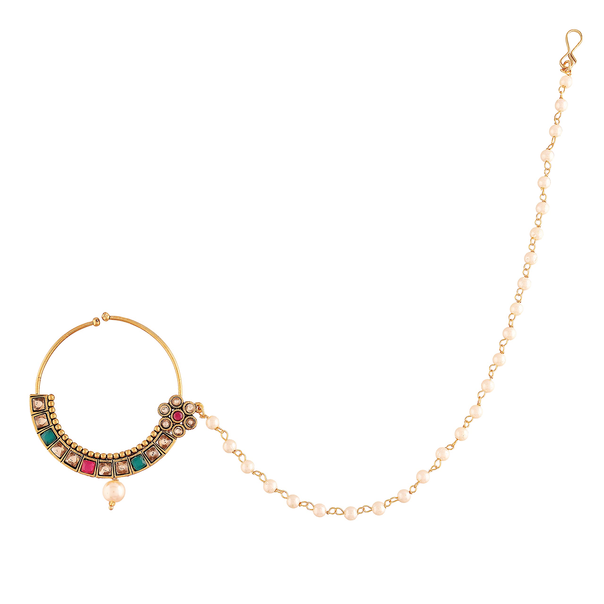 I Jewels Gold Plated Traditional Ethnic Bridal Nose Ring/Nath without piercing with Pearl Chain Encased with Pearl Stone for Women/Girls (Gold) (B097YM7WSM) Amazon Price History, Amazon Price Tracker