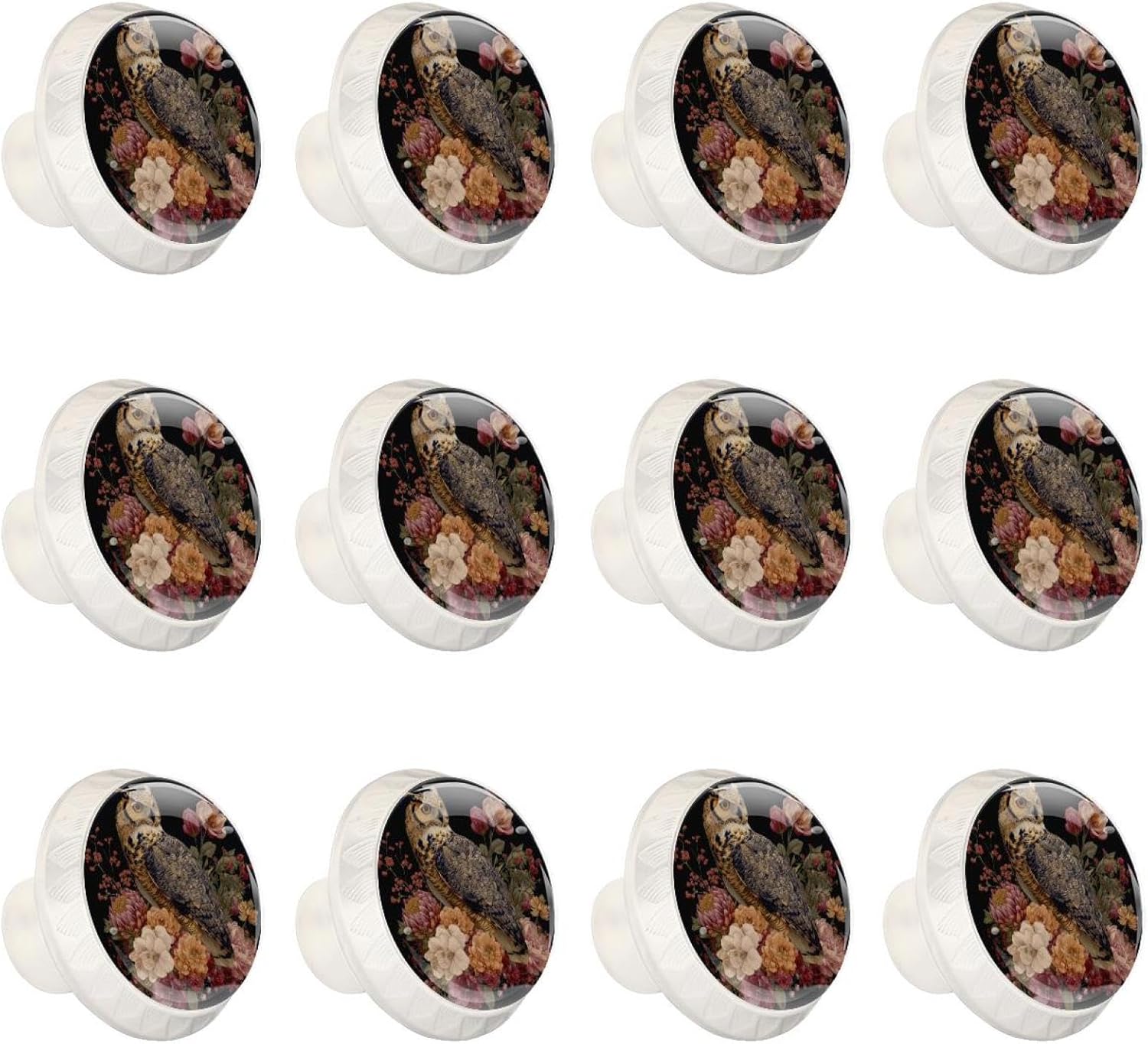 Black Vintage Owl Flowers (2) Glass Drawer Pulls, Decorative Knobs for Cabinet Dresser Wardrobe Wooden Furniture