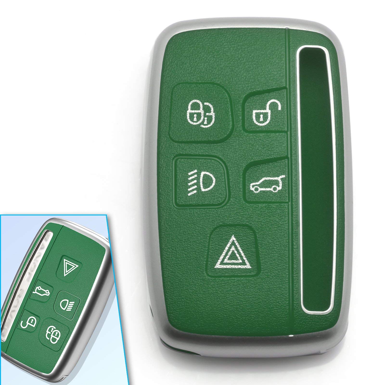 Xotic Tech Matte Green TPU Flat Grain Leather Texture Key Fob Shell Cover Case, Compatible with Land Rover Range Rover Discovery LR2 LR3 LR4 or Jaguar F-Type E-Pace 5-Button Smart Keyless Entry Key