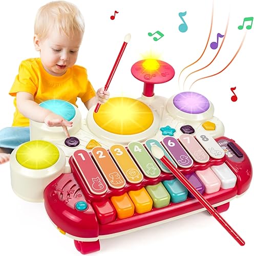 Marstone Juguetes para bebé para regalo de cumpleaños de 1 año, juguetes musicales 5 en 1 para niños pequeños de 1 a 2 años con piano, xilófono,