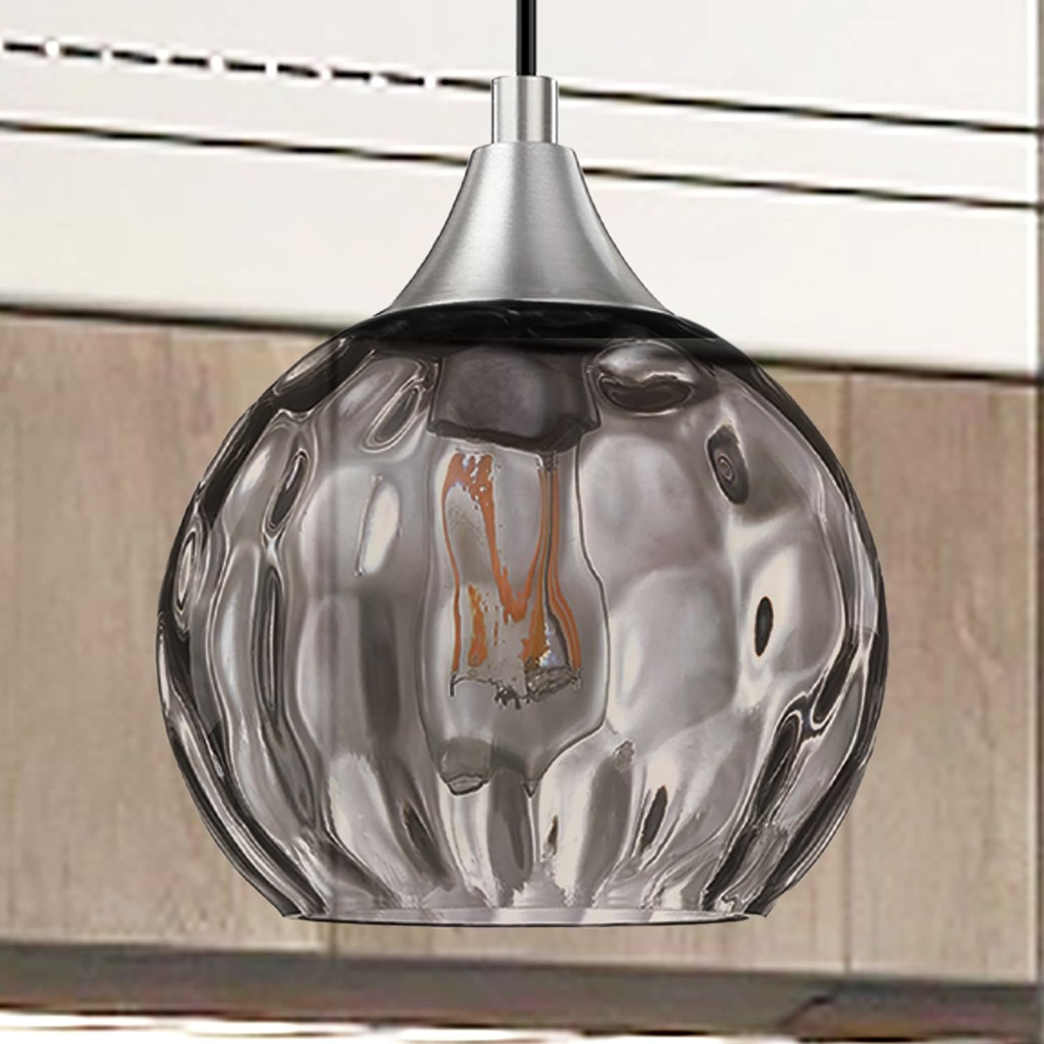 2 Pack 1 Light Hanging Indoor Kitchen Island Pendant Light 6.3" Grey Hammer Glass Pendant Ceiling Light Fixtures Brushed Nickel Finish Modern Farmhouse Dinning Over Sink