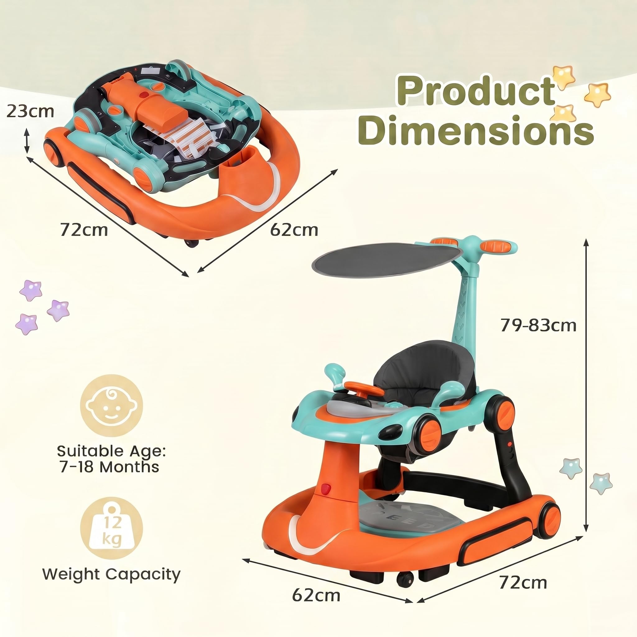 LIFEZEAL 6 in 1 girello per bambini con tettuccio, Girello Trasformabile, Pieghevole, altezza e velocità regolabili, Baby Walker con luce, musica, Portata 12 kg, per Bambini 7-18 Mesi (arancione)