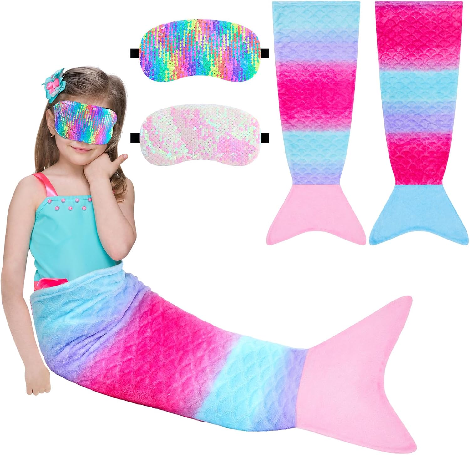 VitalCozy 4 Pcs Mermaid Tail Blanket with Glittering Sleep Mask Wearable Soft