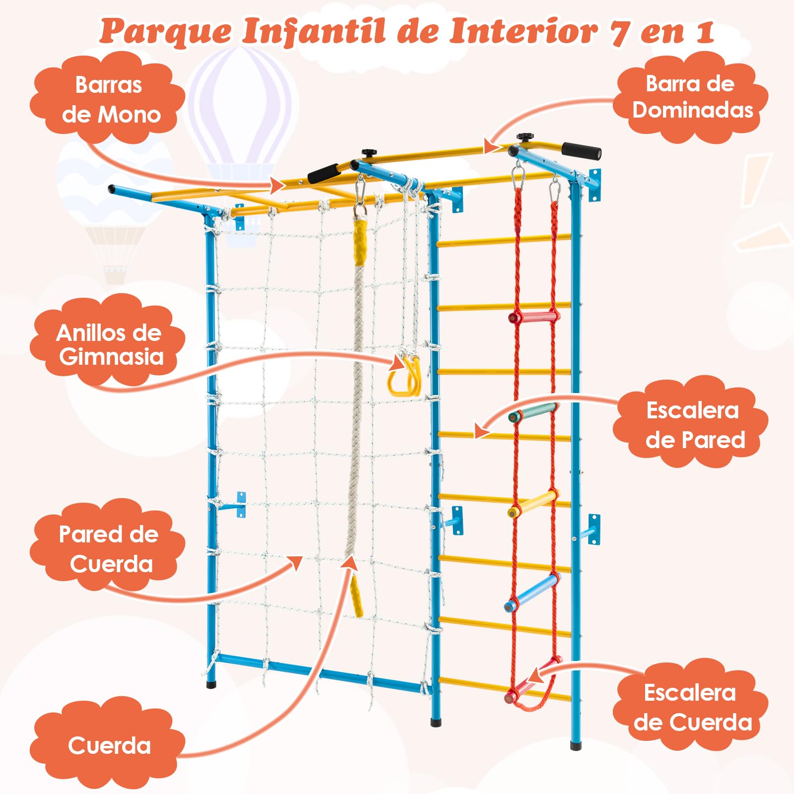 COSTWAY 7 en 1 Juego de Escalada para Niños, Gimnasio de Interior con Muro de Cuerda, Escalera de Pared, Barra de Elevación, Escalera de Cuerda, Cuerda y Anillos de Gimnasia para Niños de 3+ Años