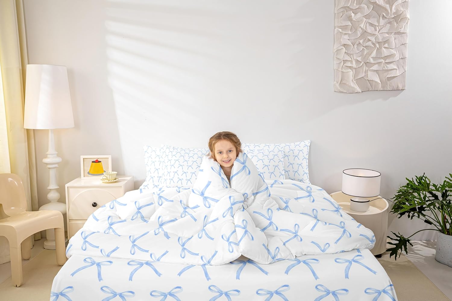 Manfei 7 Pieces Cartoon Bowknot Kids Comforter Full Size,Bow Tie Knot Geometric Patchwork Fashion Bedding Set,Hand-Painted Sketch Blue Noble（Comforter+Fitted+Flat+2 Pillowcases+2 Throw Pillow Covers - Image 2
