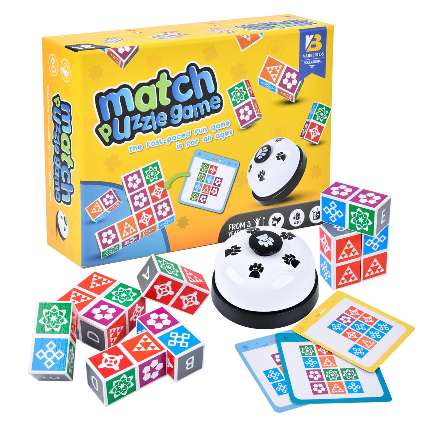 LADVATKIN Hölzerne Matching Game Puzzle Spiele, Shape Pattern Block Brain Game mit Glocke für Family Night, Match Puzzles Building Cubes Games für Kinder und Erwachsene