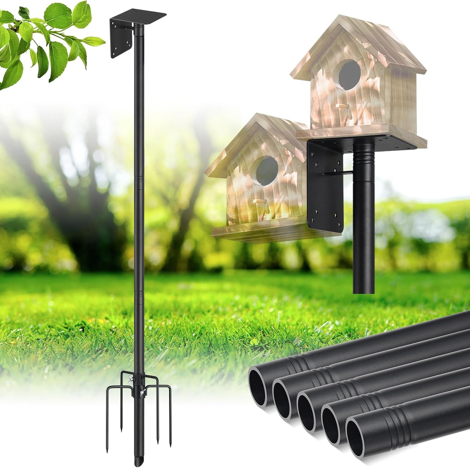 Support de Nichoir, 180cm Support de Nichoir Réglable Poteau de Maison Extérieure avec Piquet Coupe-Vent à 5 Griffes et Support de Montage, pour Maison de Merle Bleu, Copain d’Oiseau, Station Météo