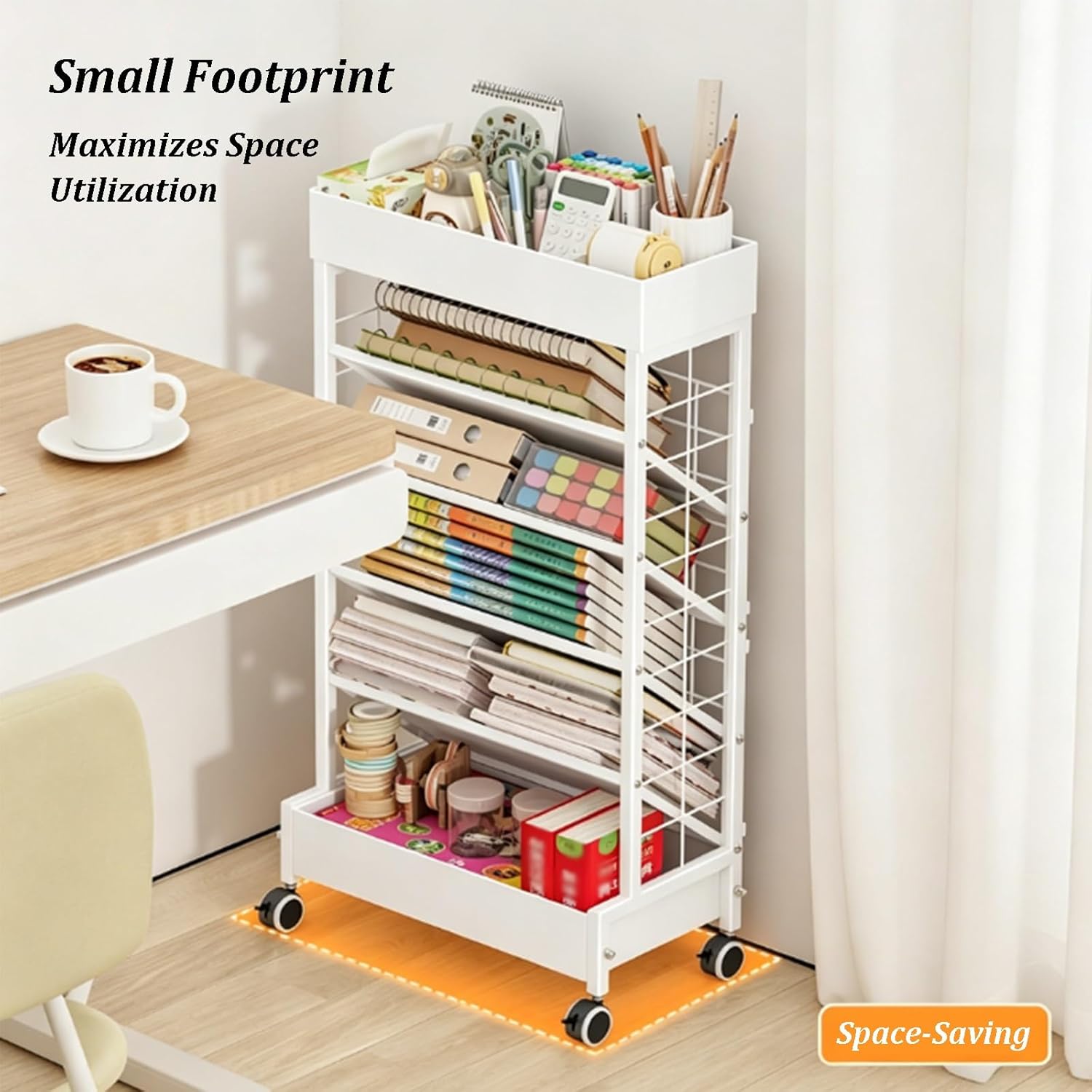 6 Tier Modern Mobile Book Cart, Book Rack Storage Bookshelf with Wheels, Floor Standing Carbon Steel Office Paper Organizer for Storing Books Magazines(White)