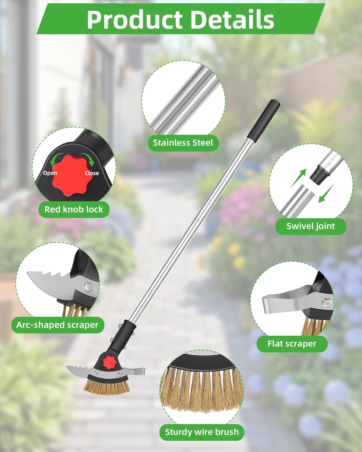 3-in-1 Crack Weeder Long Handle, Adjustable Crevice Weeding Tool with Stainless Steel Weed Brush and 2 Scrapers Weed Puller Tool for Driveway, Sidewalk, Lawn to Remove Weeds Moss Dirt (58.6")