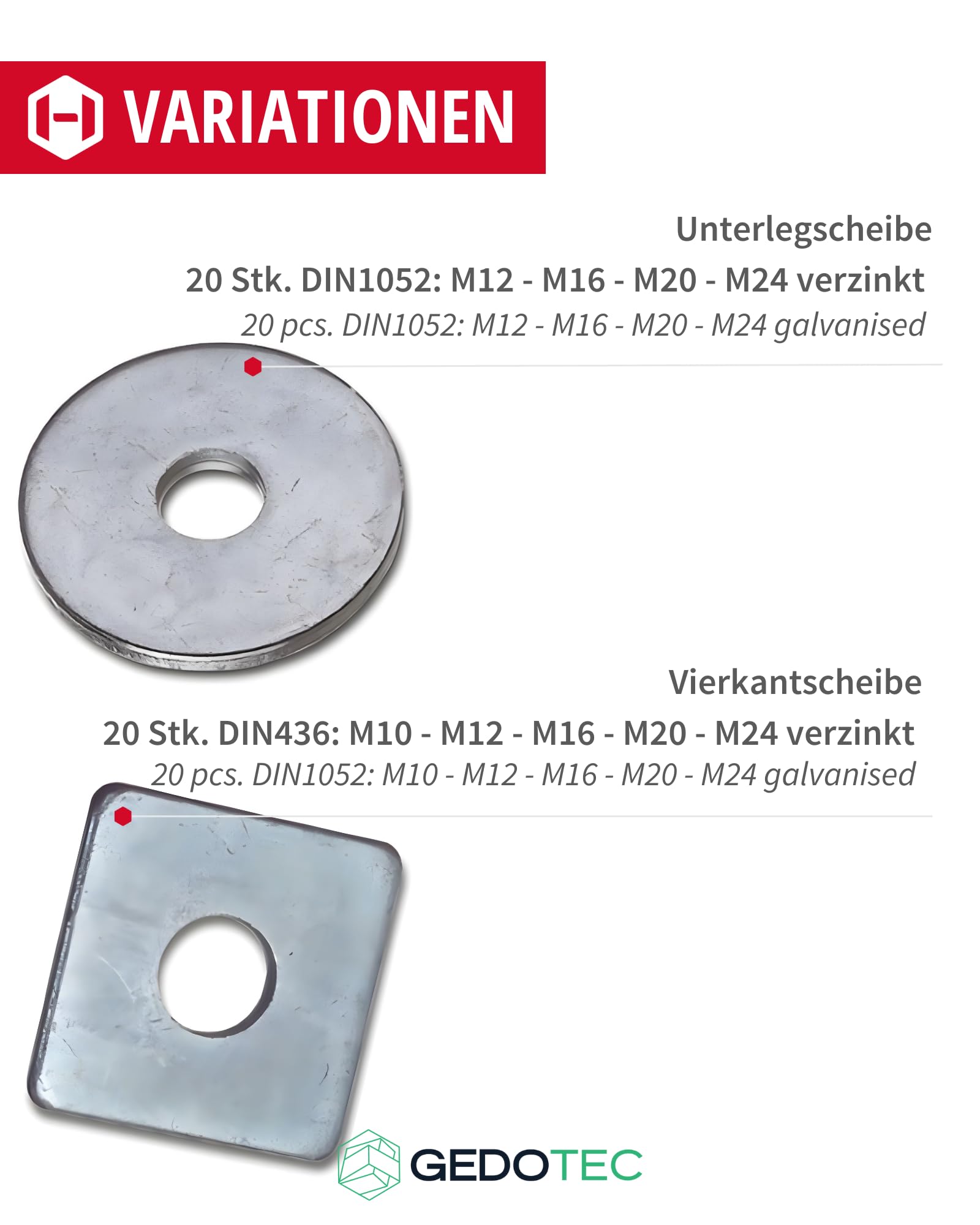 Gedotec Unterlegscheibe aus Stahl verzinkt | 20 Stück Beilagscheiben rund | M24 | nach DIN 436 gefertigt | Vierkantscheibe für Holzkonstruktion | Karosseriescheiben | Beilagscheiben-Sortiment